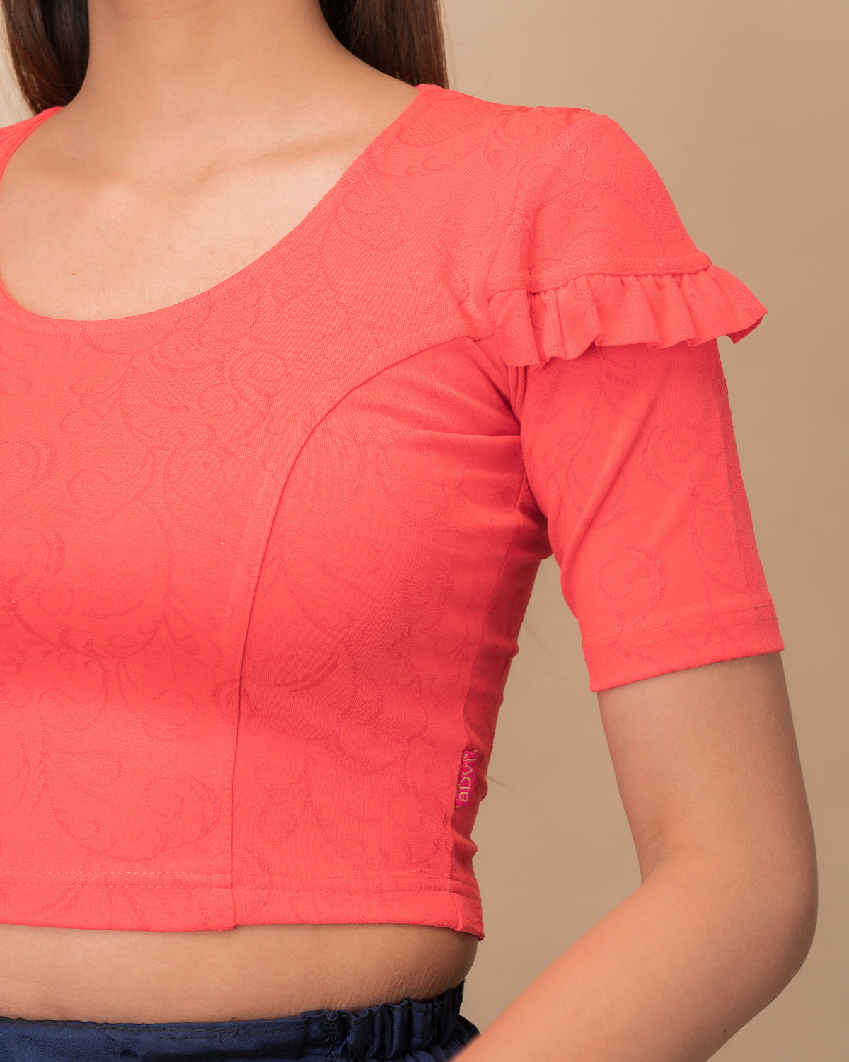 Mohini Tomato Ruffle Sleeves and Back Stretchable Slip On Blouse by Advi