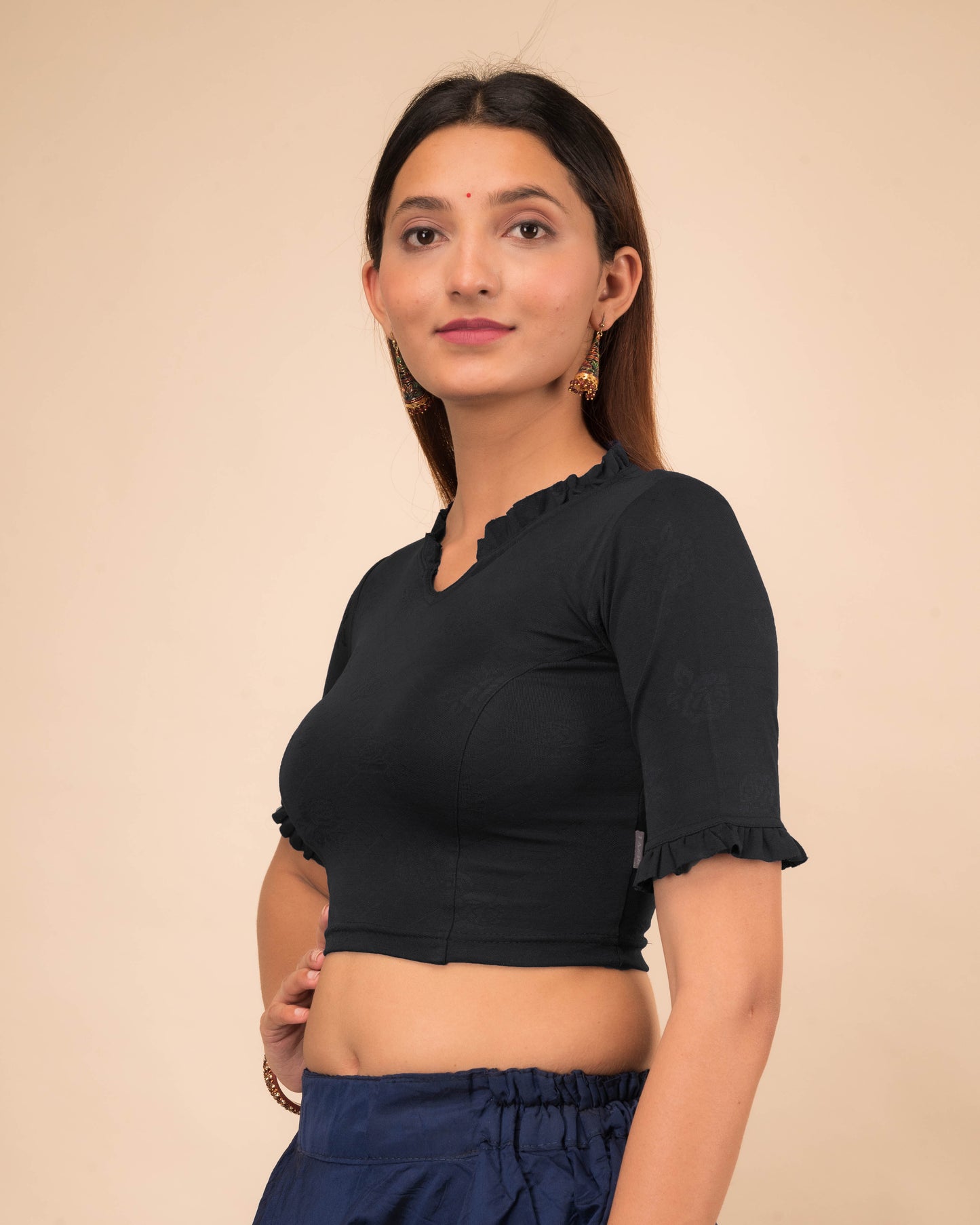 Nora High Neck Collar With Ruffle Stretchable Slip On Blouse