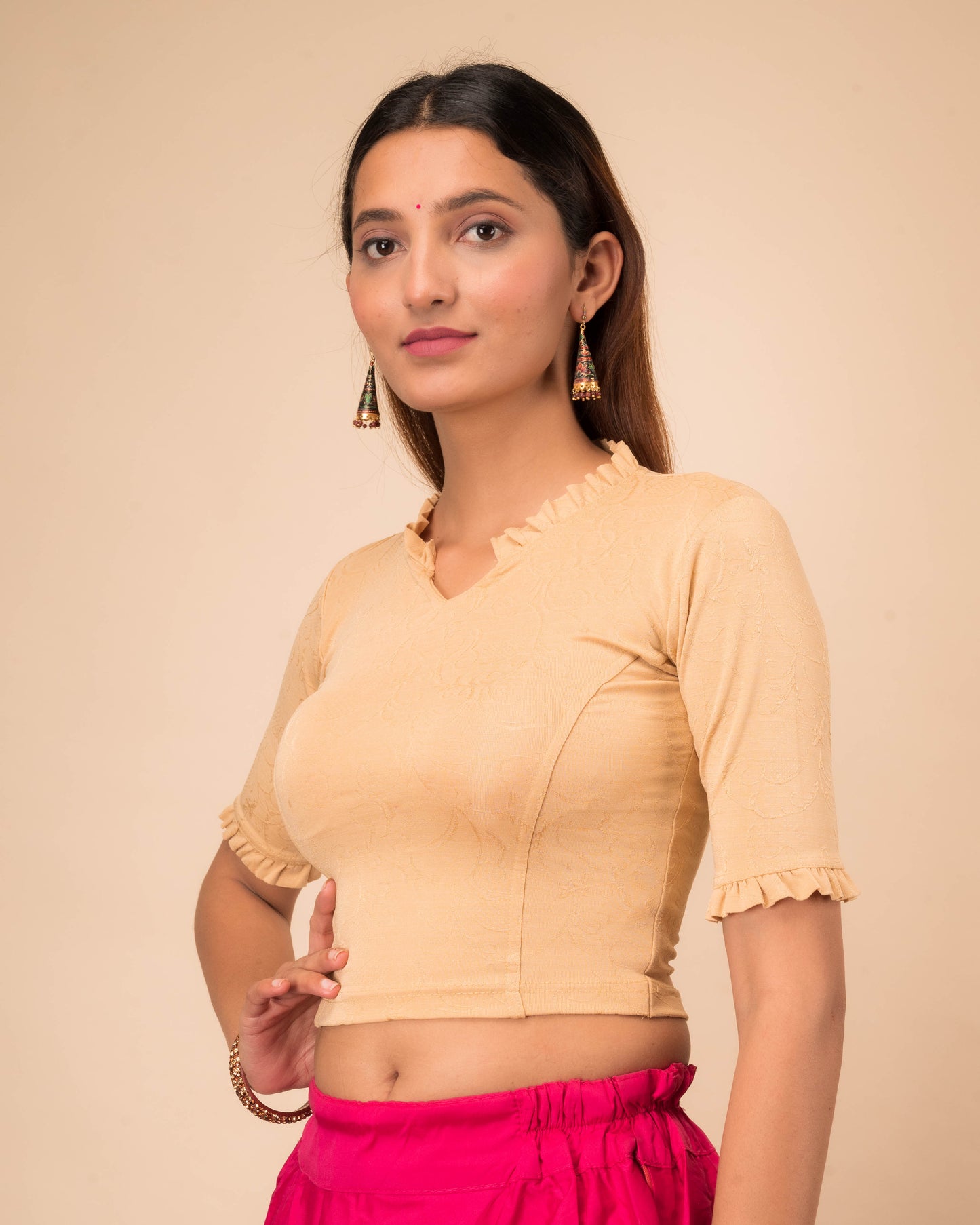Nora High Neck Collar With Ruffle Stretchable Slip On Blouse