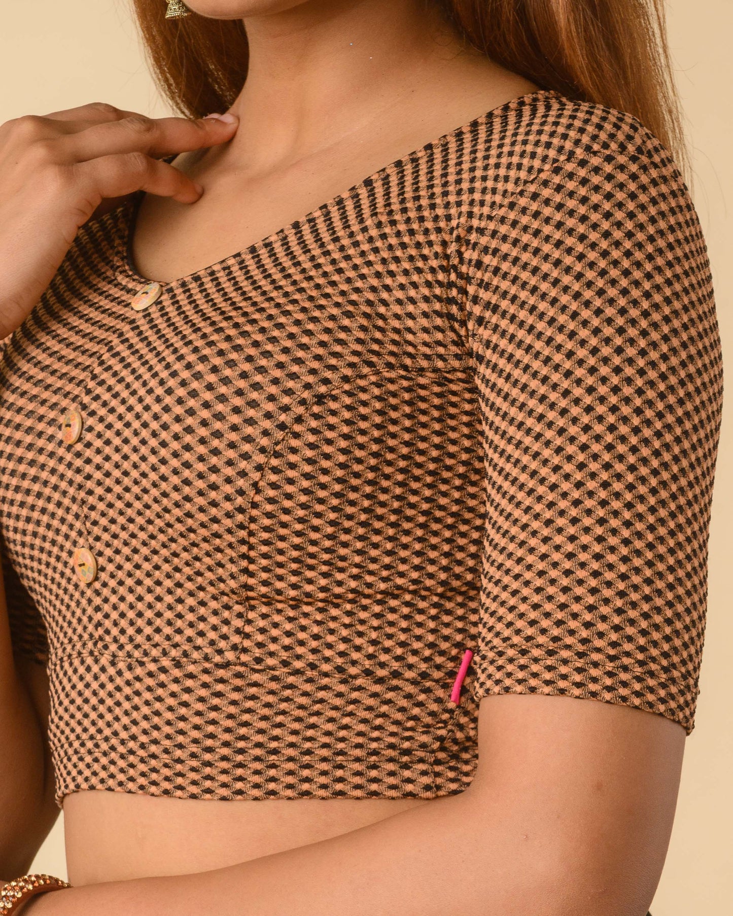 Gingham Black Brown Stretchable Checked V-Neck Saree Blouse Advi
