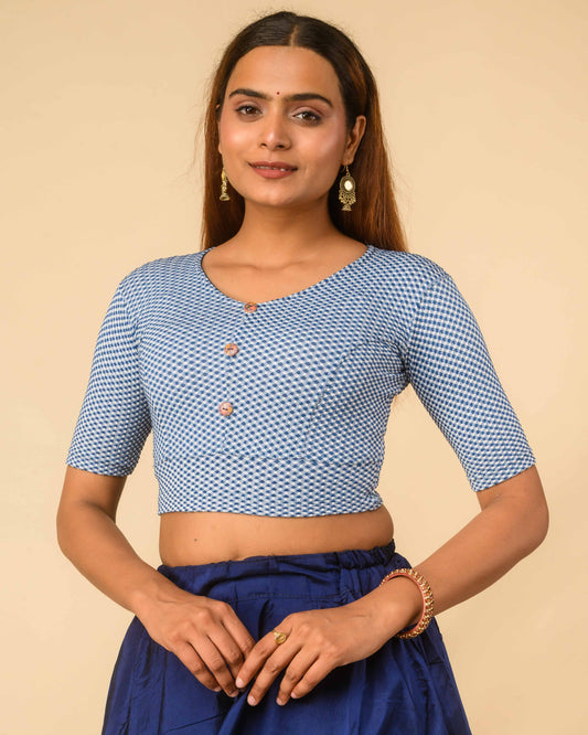 Gingham Blue Stretchable Checked V-Neck Saree Blouse Advi
