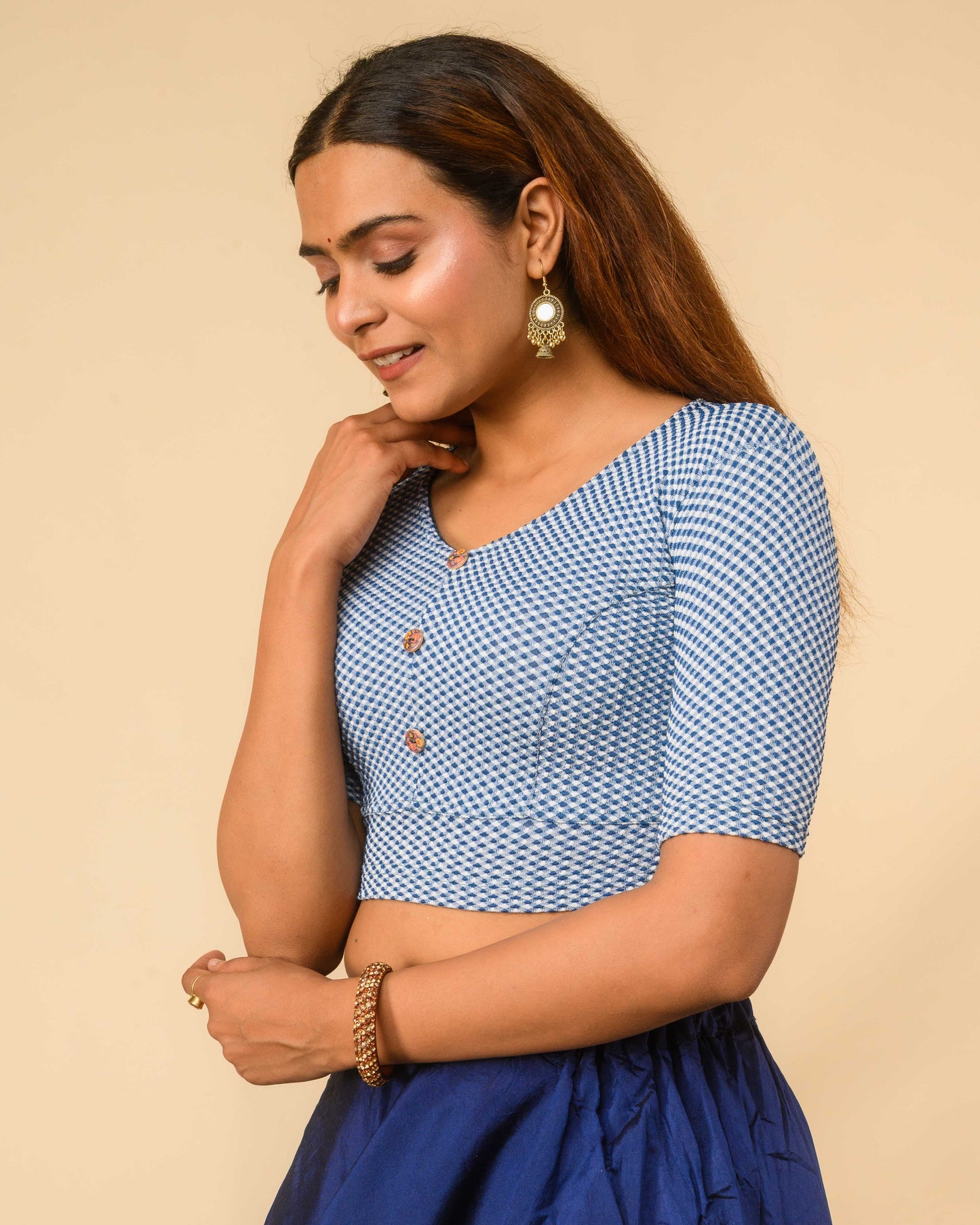Gingham Blue Stretchable Checked V-Neck Saree Blouse Advi