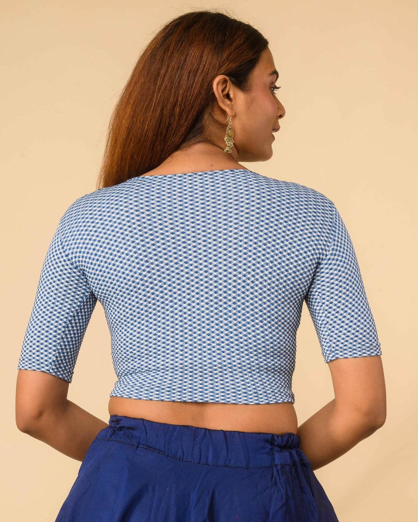 Gingham Blue Stretchable Checked V-Neck Saree Blouse Advi