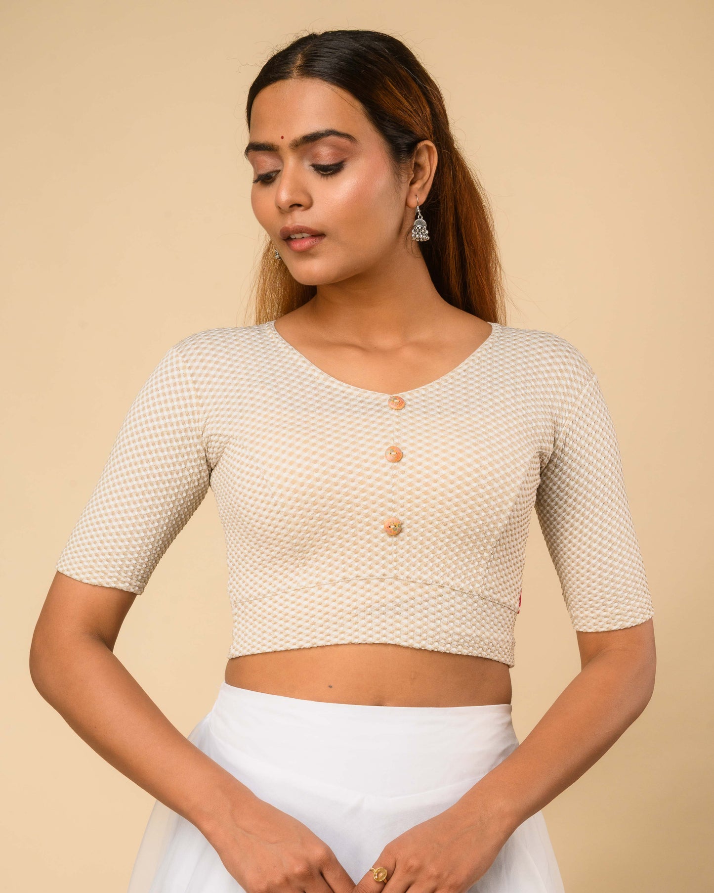 Gingham Cream Stretchable Checked V-Neck Saree Blouse Advi