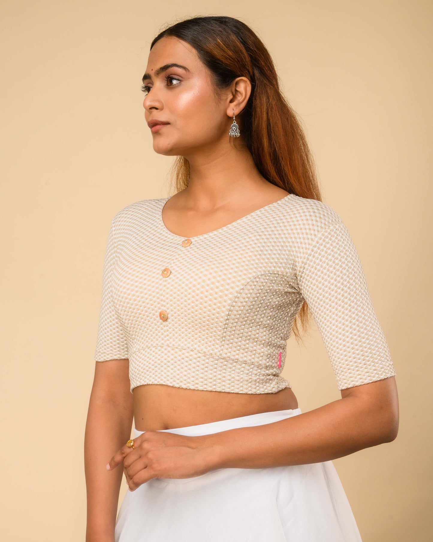 Gingham Cream Stretchable Checked V-Neck Saree Blouse Advi