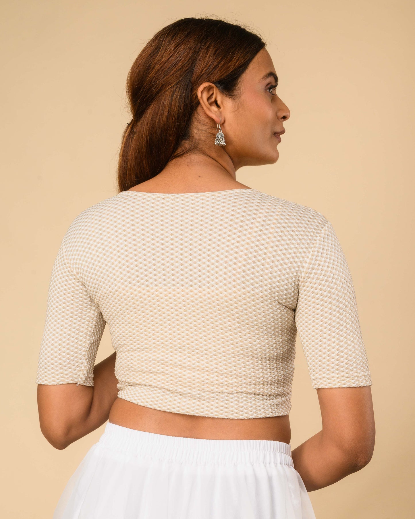 Gingham Cream Stretchable Checked V-Neck Saree Blouse Advi