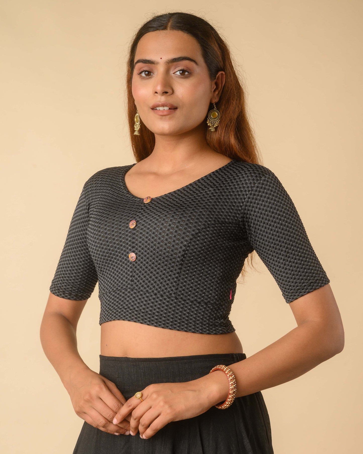 Gingham Black Stretchable Checked V-Neck Saree Blouse Advi