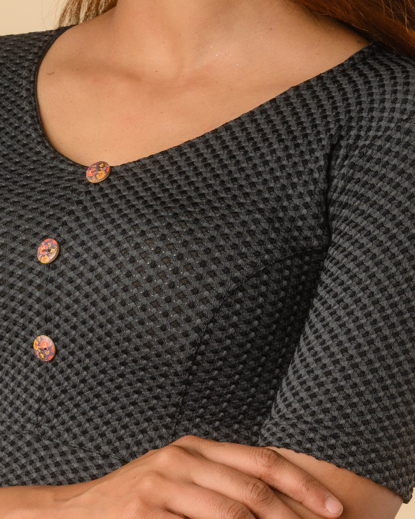 Gingham Black Stretchable Checked V-Neck Saree Blouse Advi