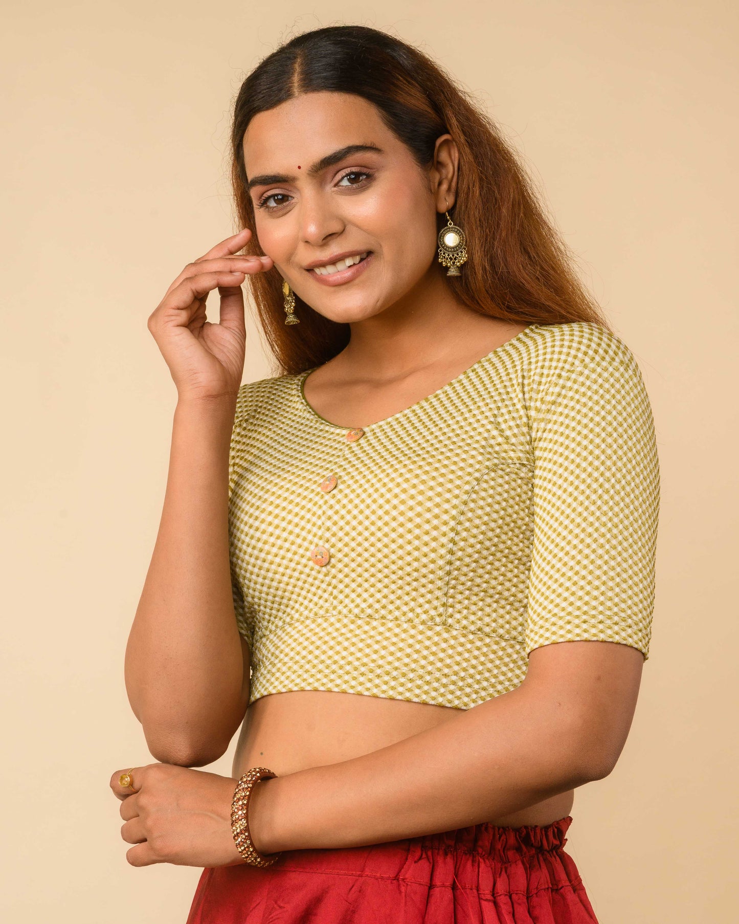 Gingham Green Stretchable Checked V-Neck Saree Blouse Advi