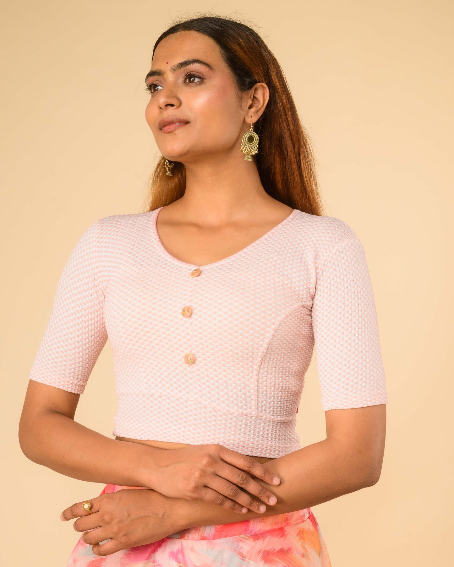 Gingham Pink Stretchable Checked V-Neck Saree Blouse Advi