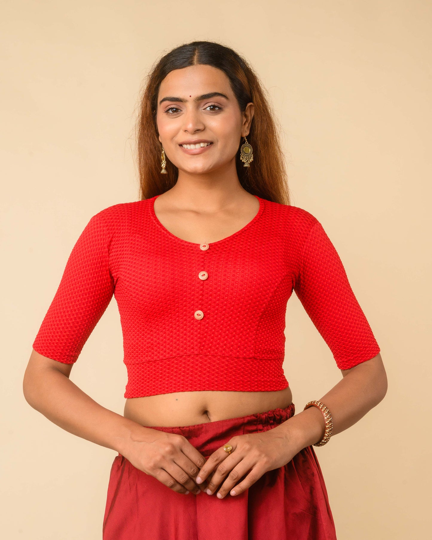 Gingham Red Stretchable Checked V-Neck Saree Blouse Advi