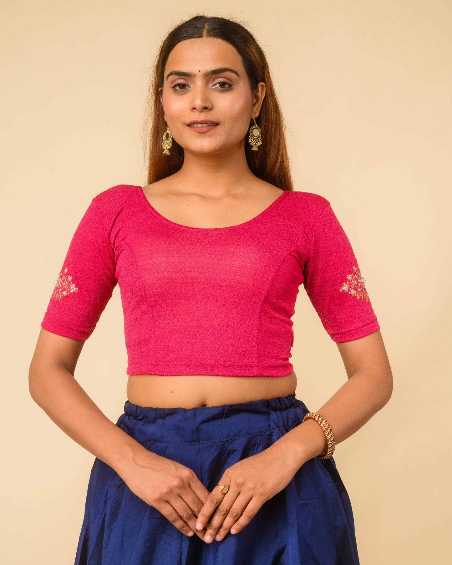 Vajra Rani Pink Bajuband Embroidery Work Stretchable Saree Blouse