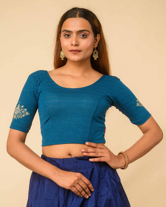 Vajra Rama Green Bajuband Embroidery Work Stretchable Saree Blouse