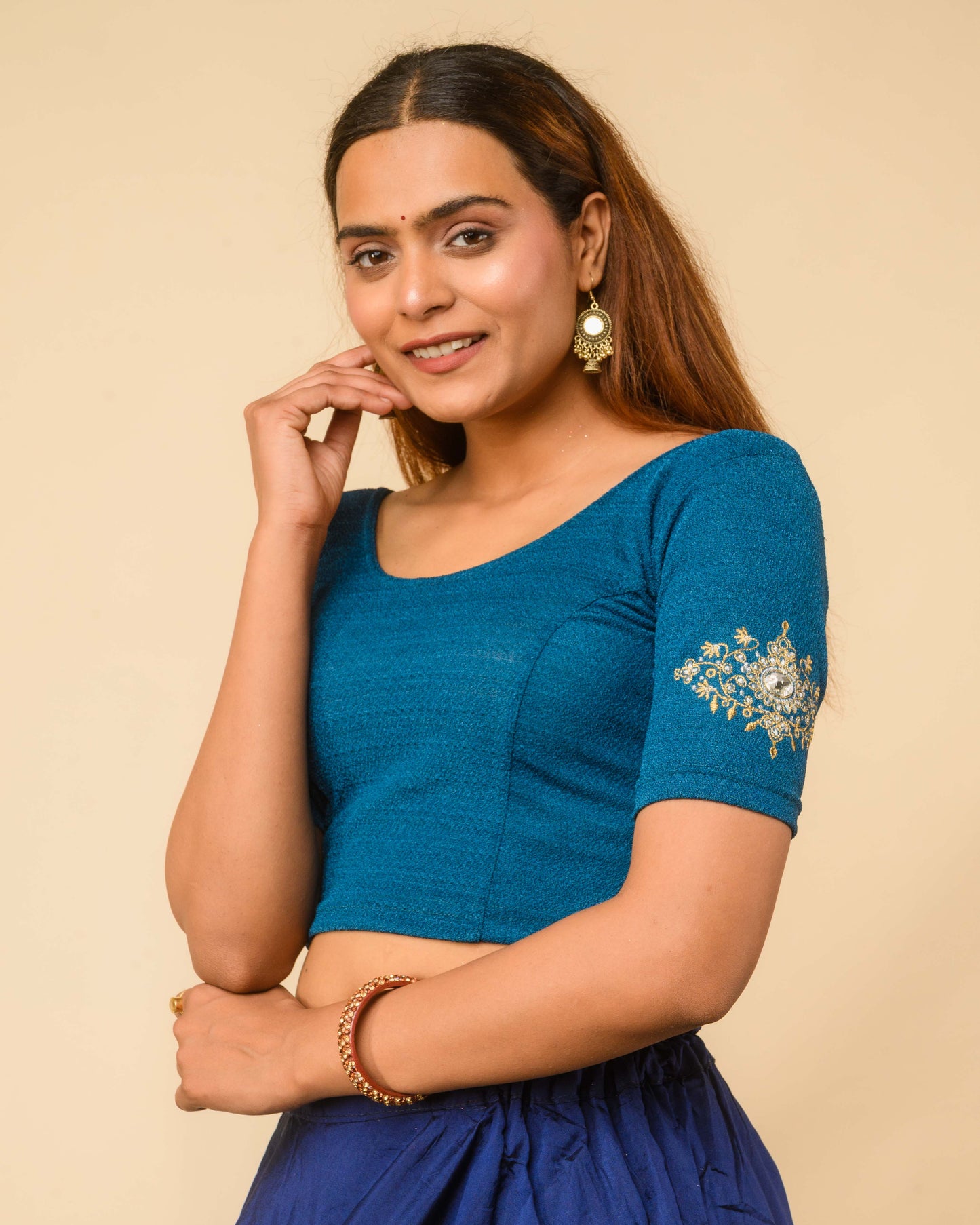 Vajra Rama Green Bajuband Embroidery Work Stretchable Saree Blouse