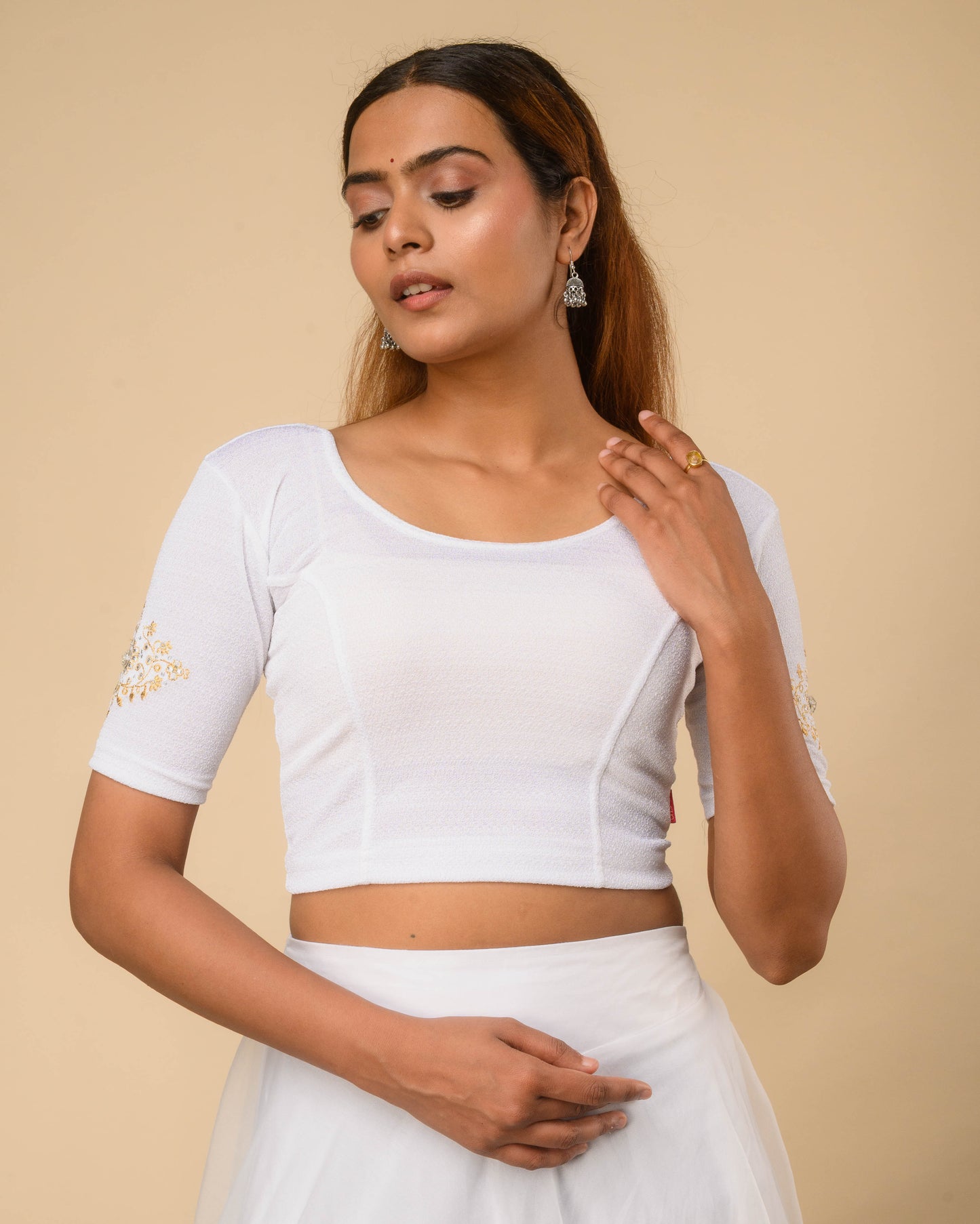 Vajra White Bajuband Embroidery Work Stretchable Saree Blouse