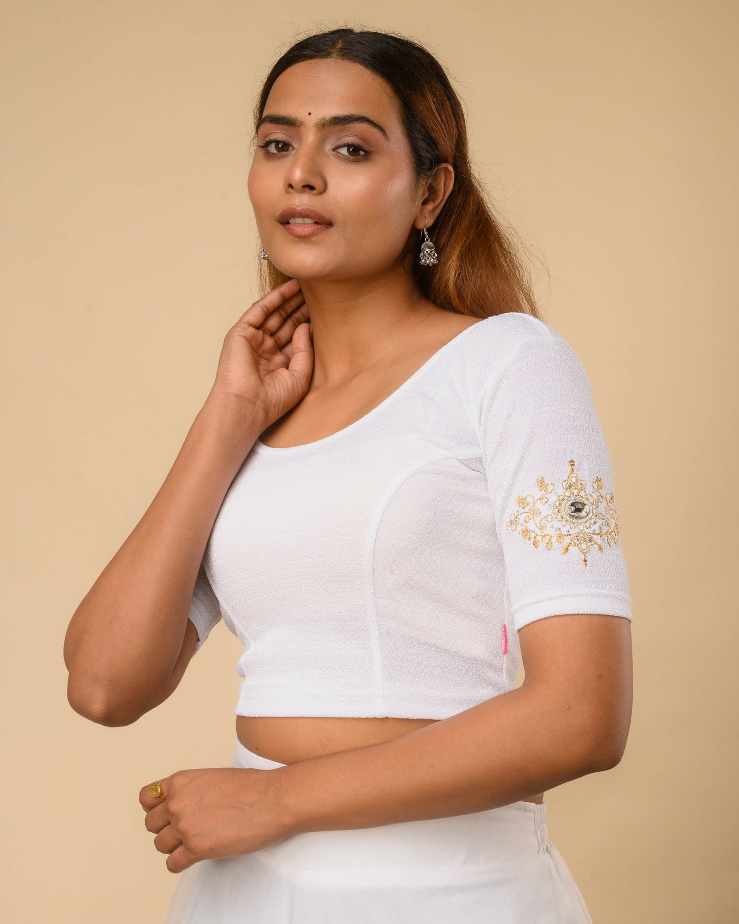Vajra White Bajuband Embroidery Work Stretchable Saree Blouse