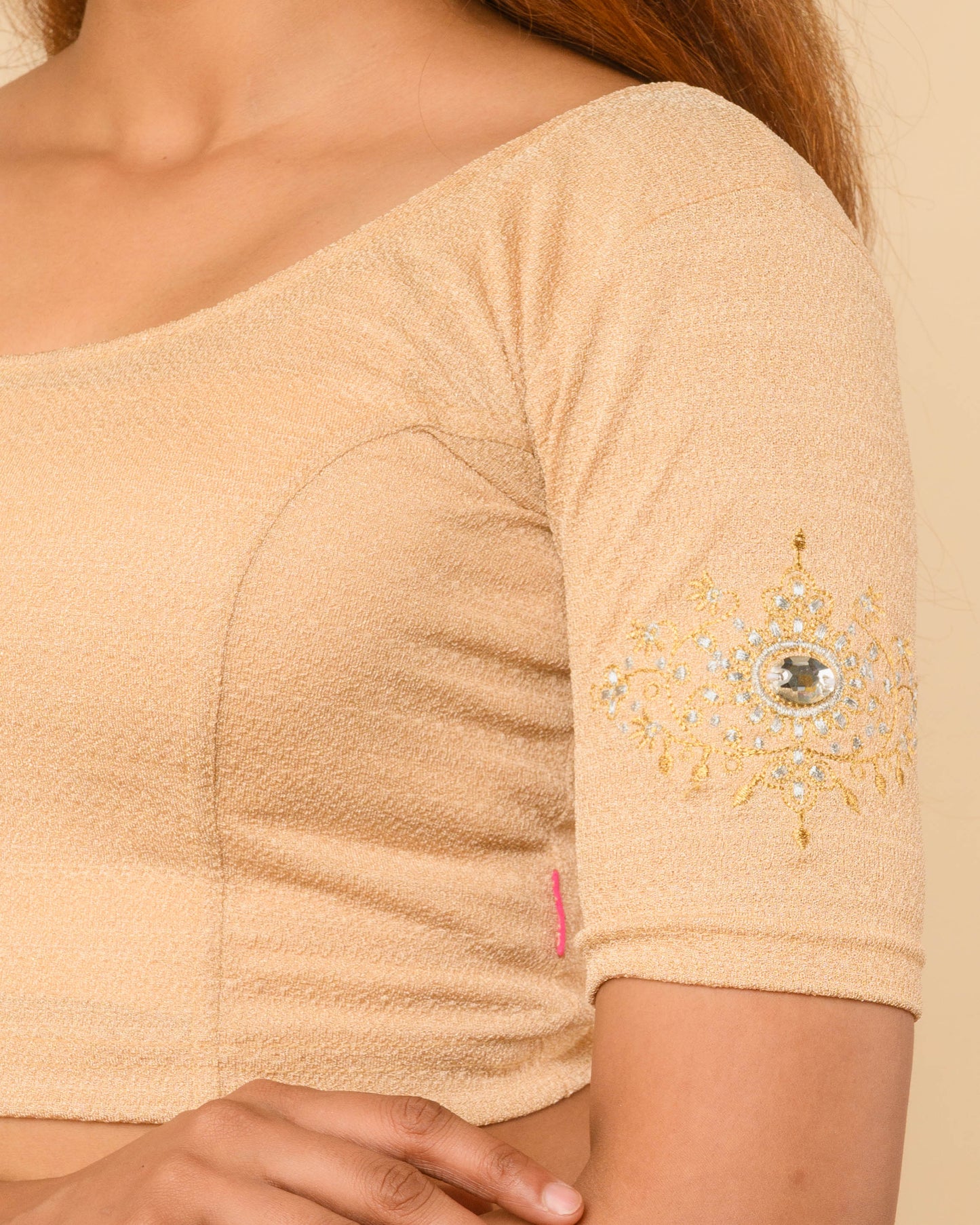 Vajra Beige Bajuband Embroidery Work Stretchable Saree Blouse