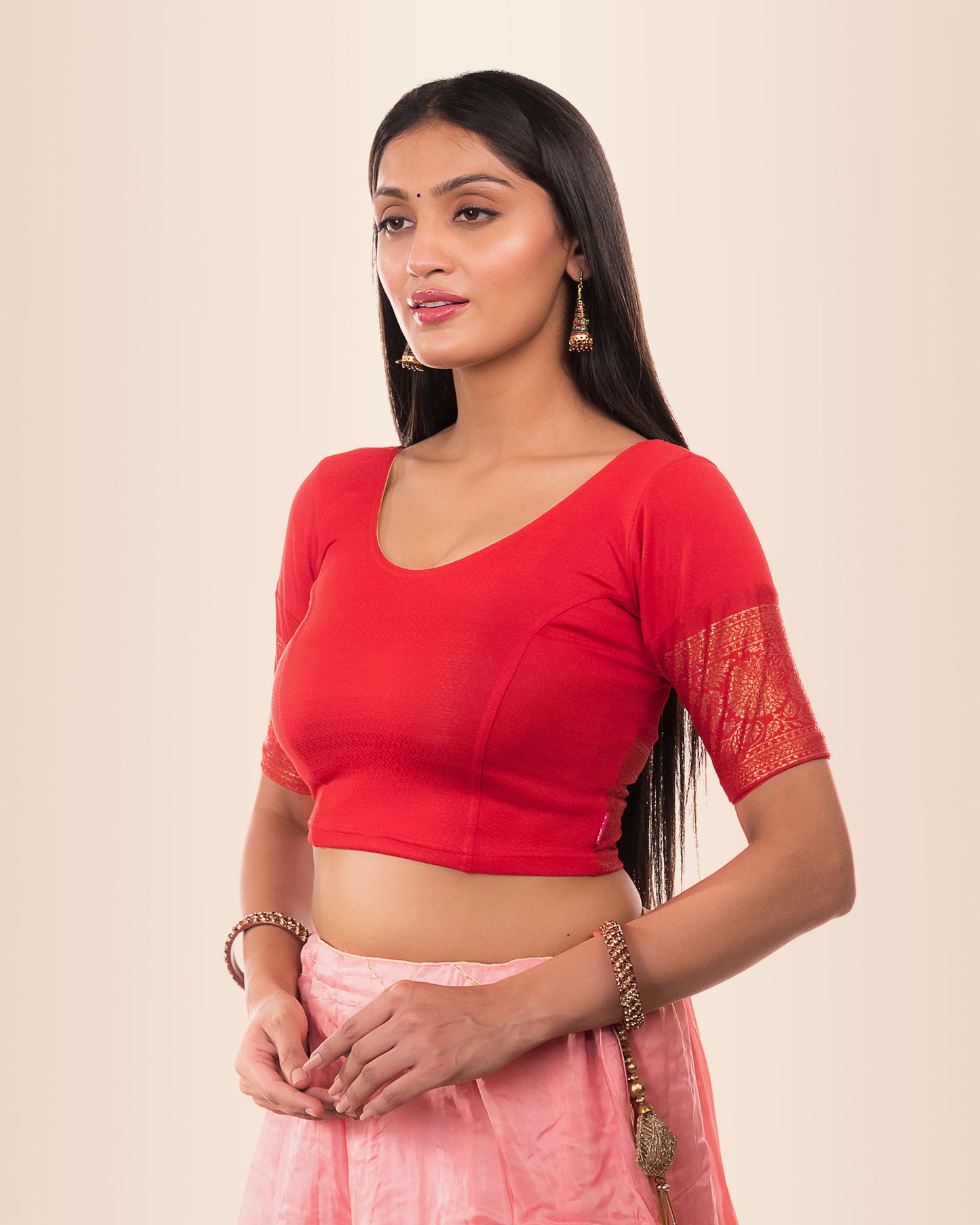 Swarna Red Gold Border Blouse in Soft Lycra with Boat Neck and Stretch by Advi