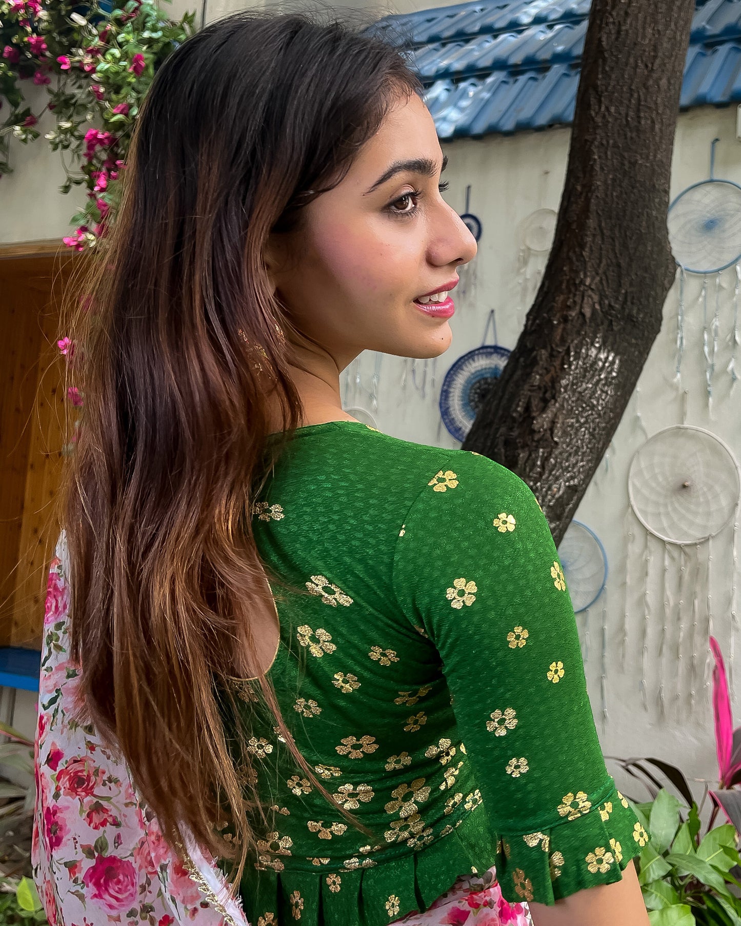 Daisy Green Gold Flower Print Pleated Jacquard Slip On Saree Blouse by Advi