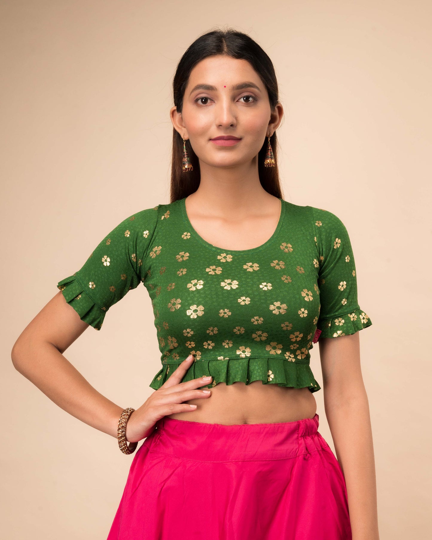 Daisy Green Gold Flower Print Pleated Jacquard Slip On Saree Blouse by Advi