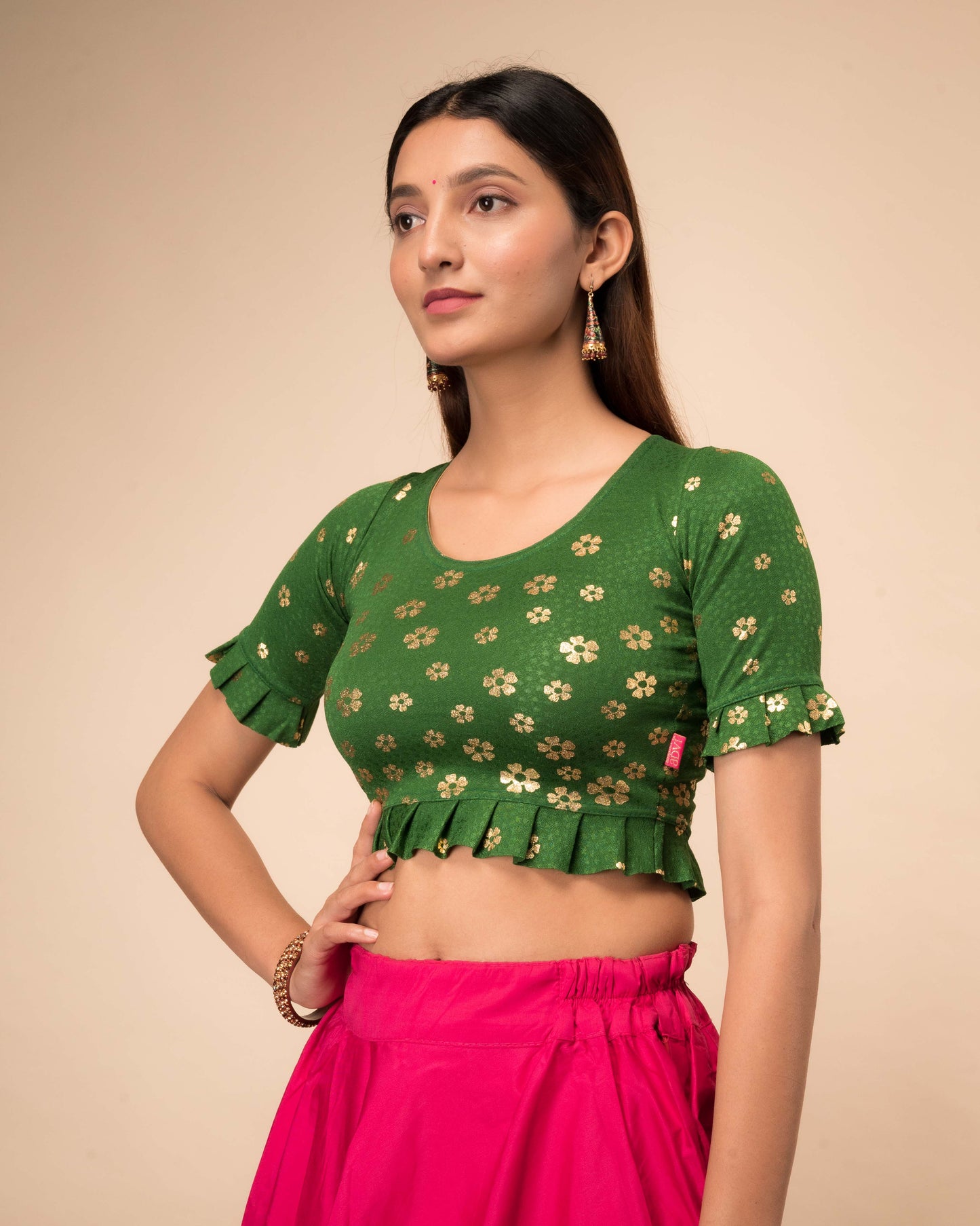 Daisy Green Gold Flower Print Pleated Jacquard Slip On Saree Blouse by Advi