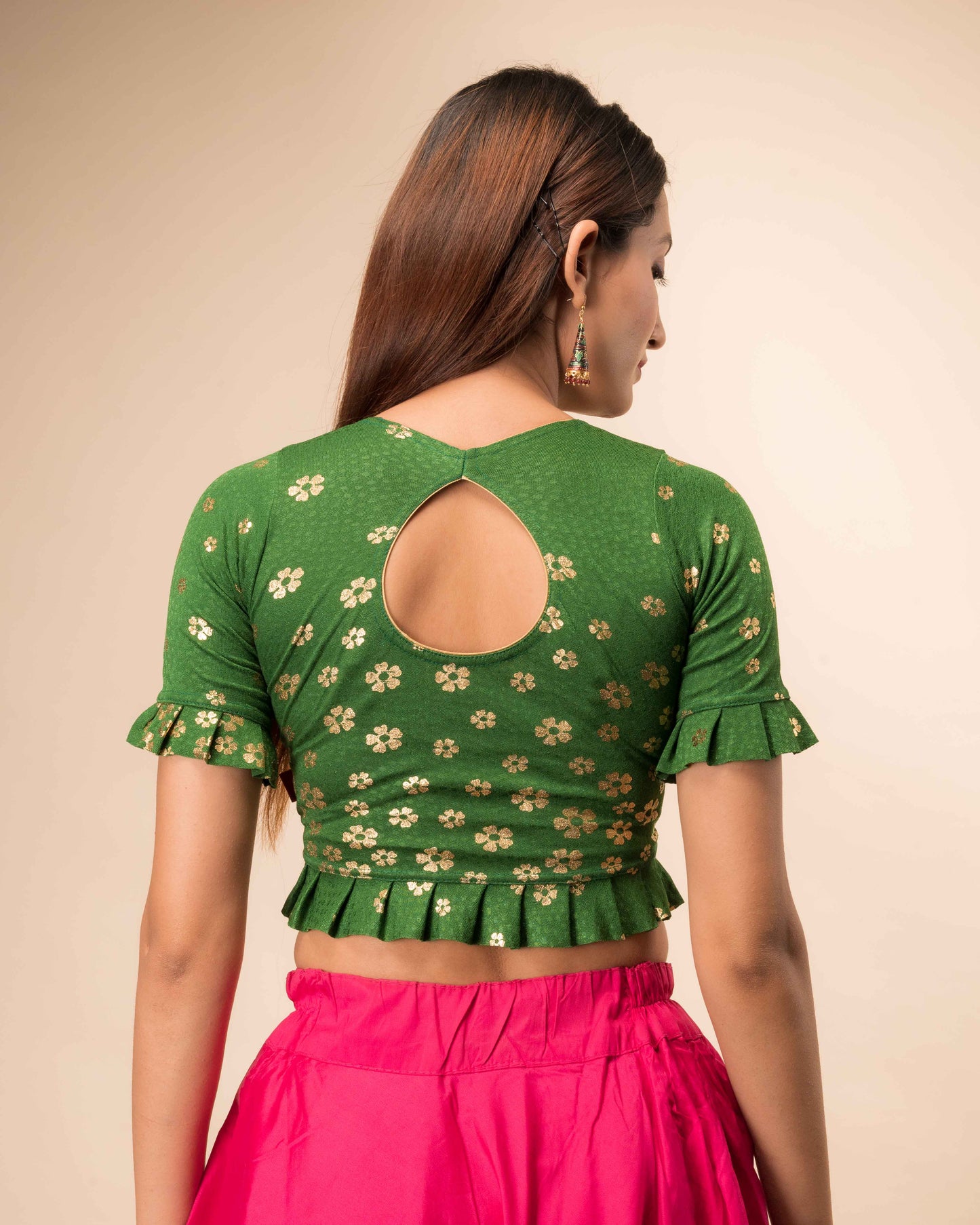 Daisy Green Gold Flower Print Pleated Jacquard Slip On Saree Blouse by Advi