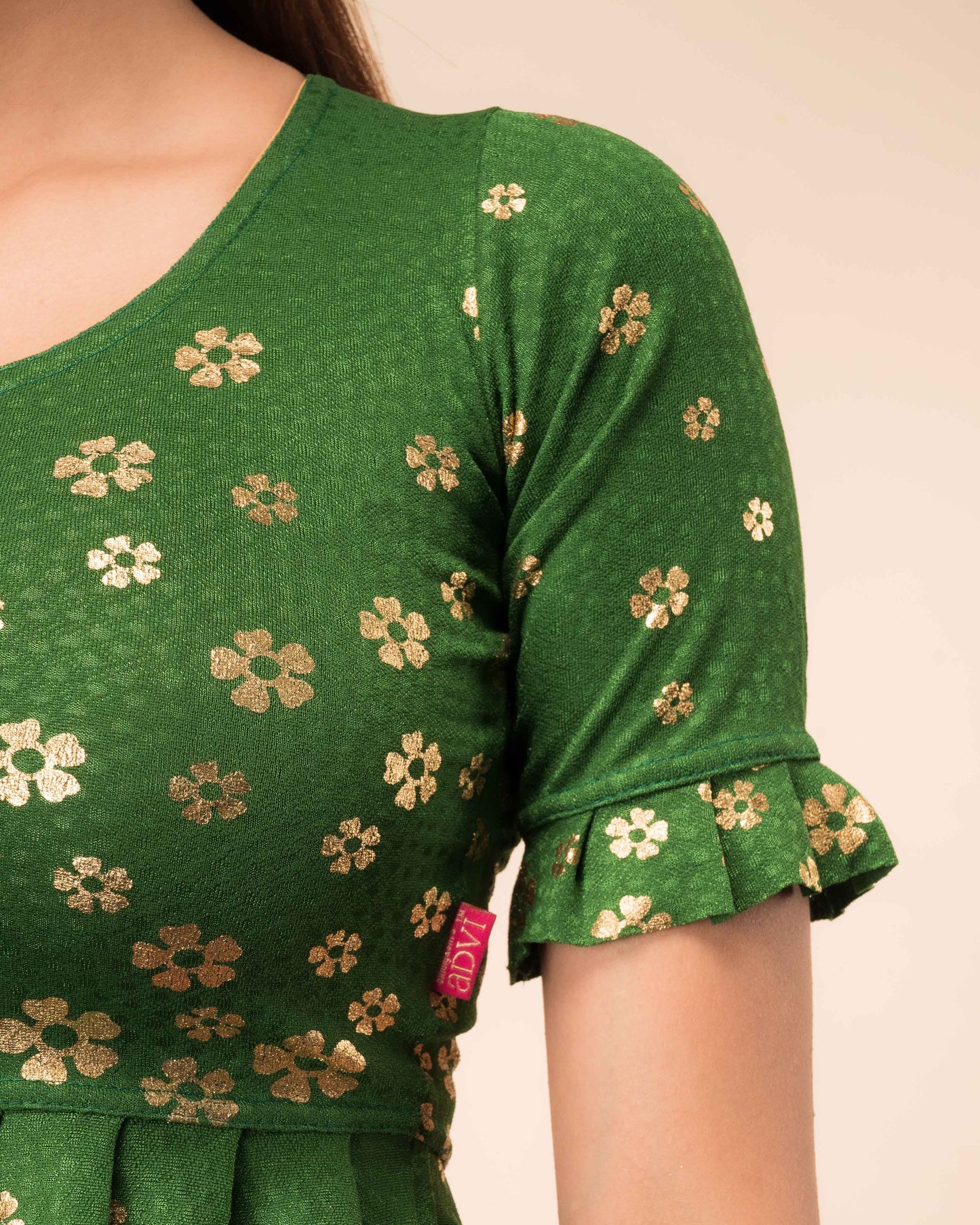Daisy Green Gold Flower Print Pleated Jacquard Slip On Saree Blouse by Advi