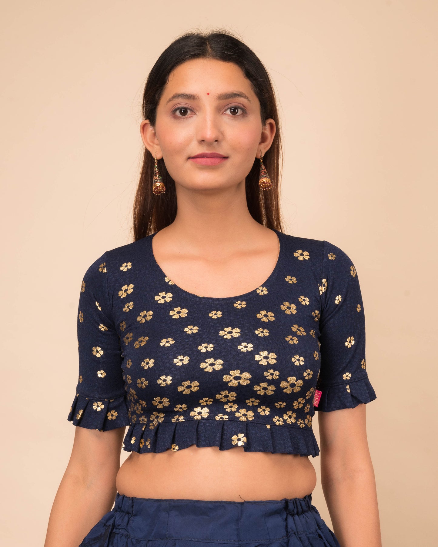 Daisy Navy Flower Print Metallic Ruffle Stretchable Elbow Sleeve Blouse by Advi