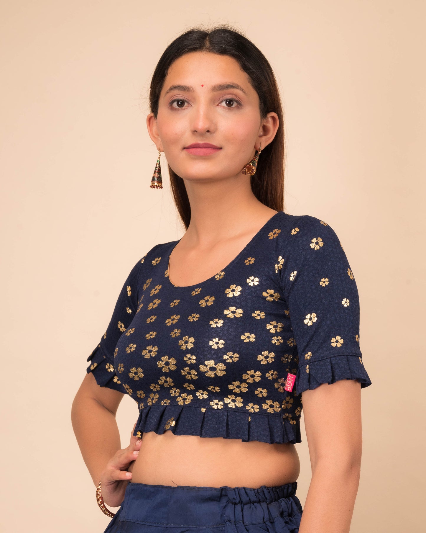 Daisy Navy Flower Print Metallic Ruffle Stretchable Elbow Sleeve Blouse by Advi