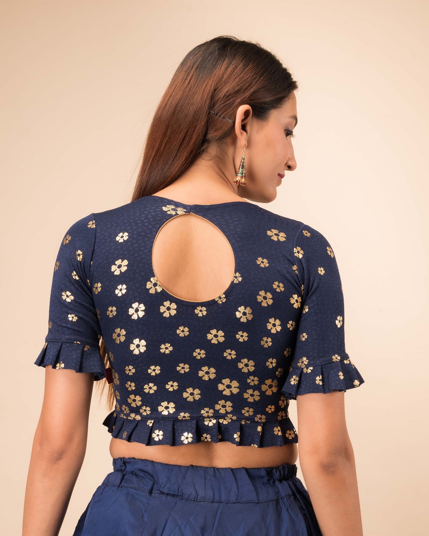 Daisy Navy Flower Print Metallic Ruffle Stretchable Elbow Sleeve Blouse by Advi