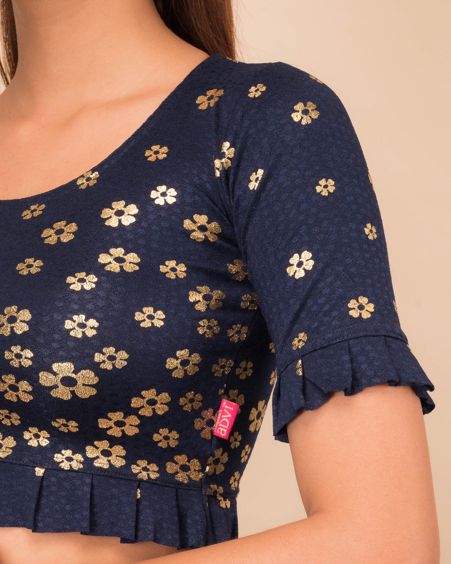 Daisy Navy Flower Print Metallic Ruffle Stretchable Elbow Sleeve Blouse by Advi