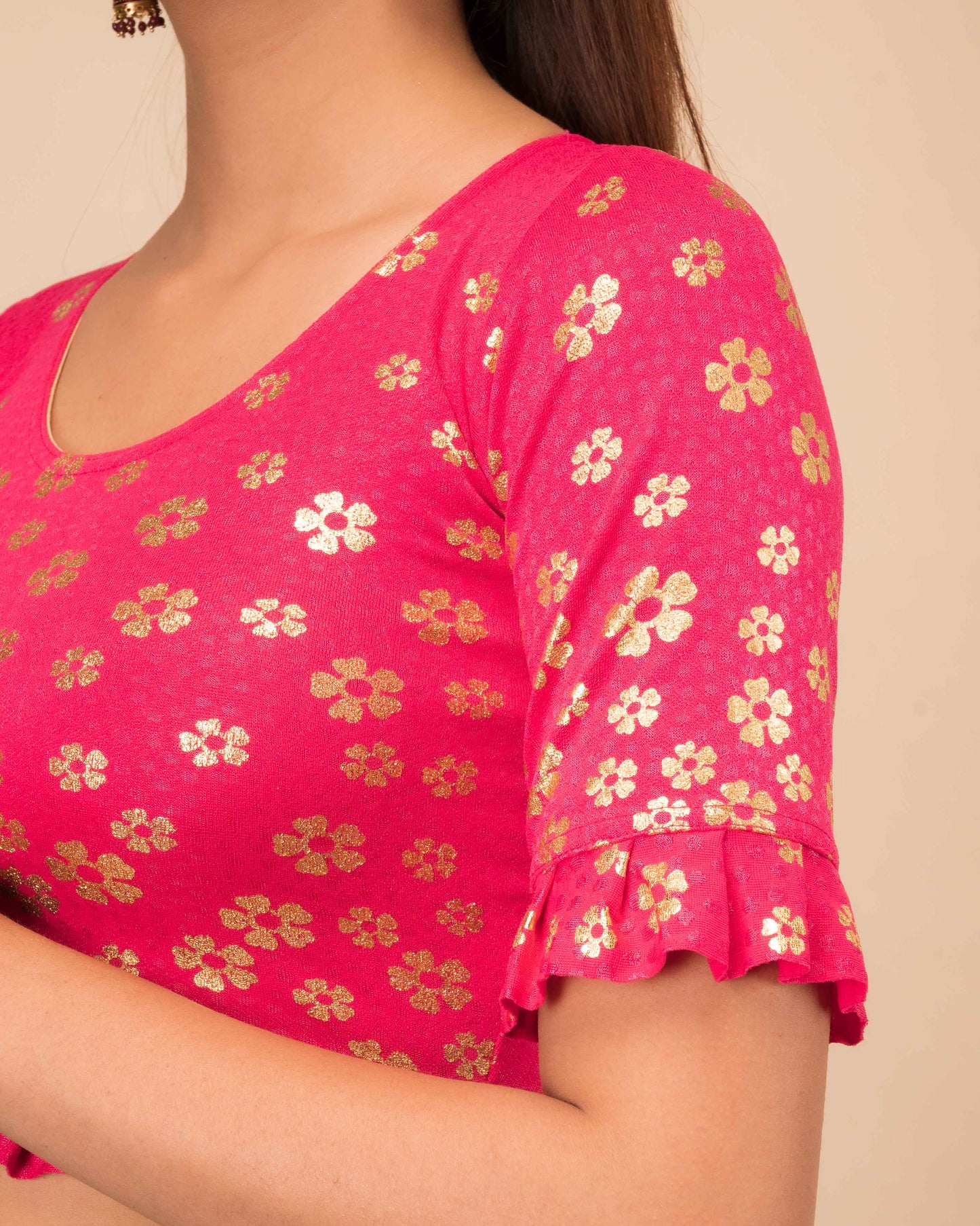Daisy Rani Floral Gold Print Blouse with Frill and Boat Neck by Advi