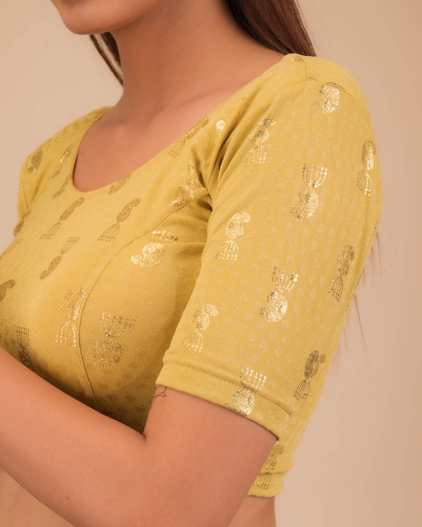 Jhumki Beige Gold Foil Jhumki Buti Jacquard Slip On Blouse by Advi