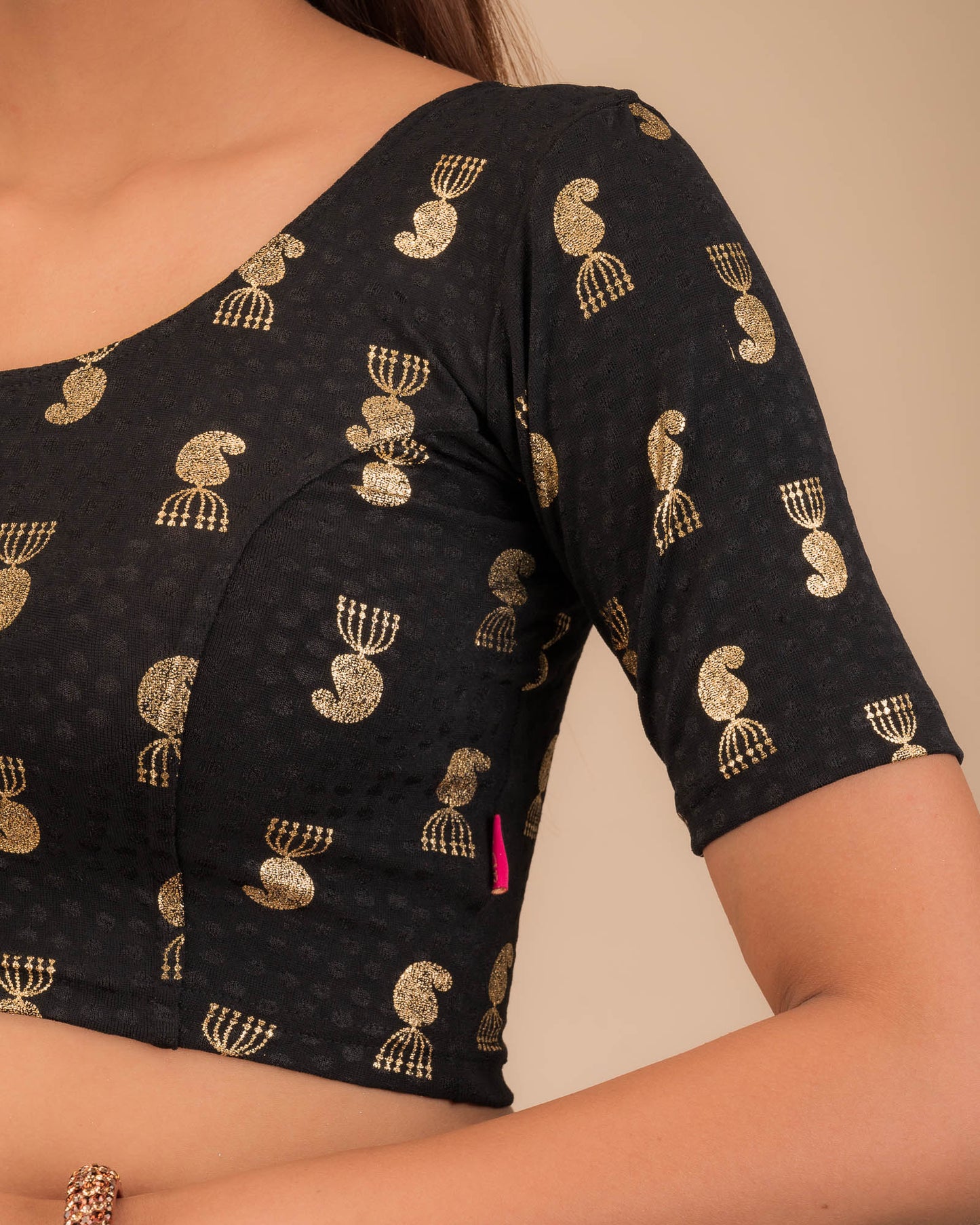 Jhumki Black Metallic Jhumki Buti Elbow Sleeve Stretchable Blouse by Advi