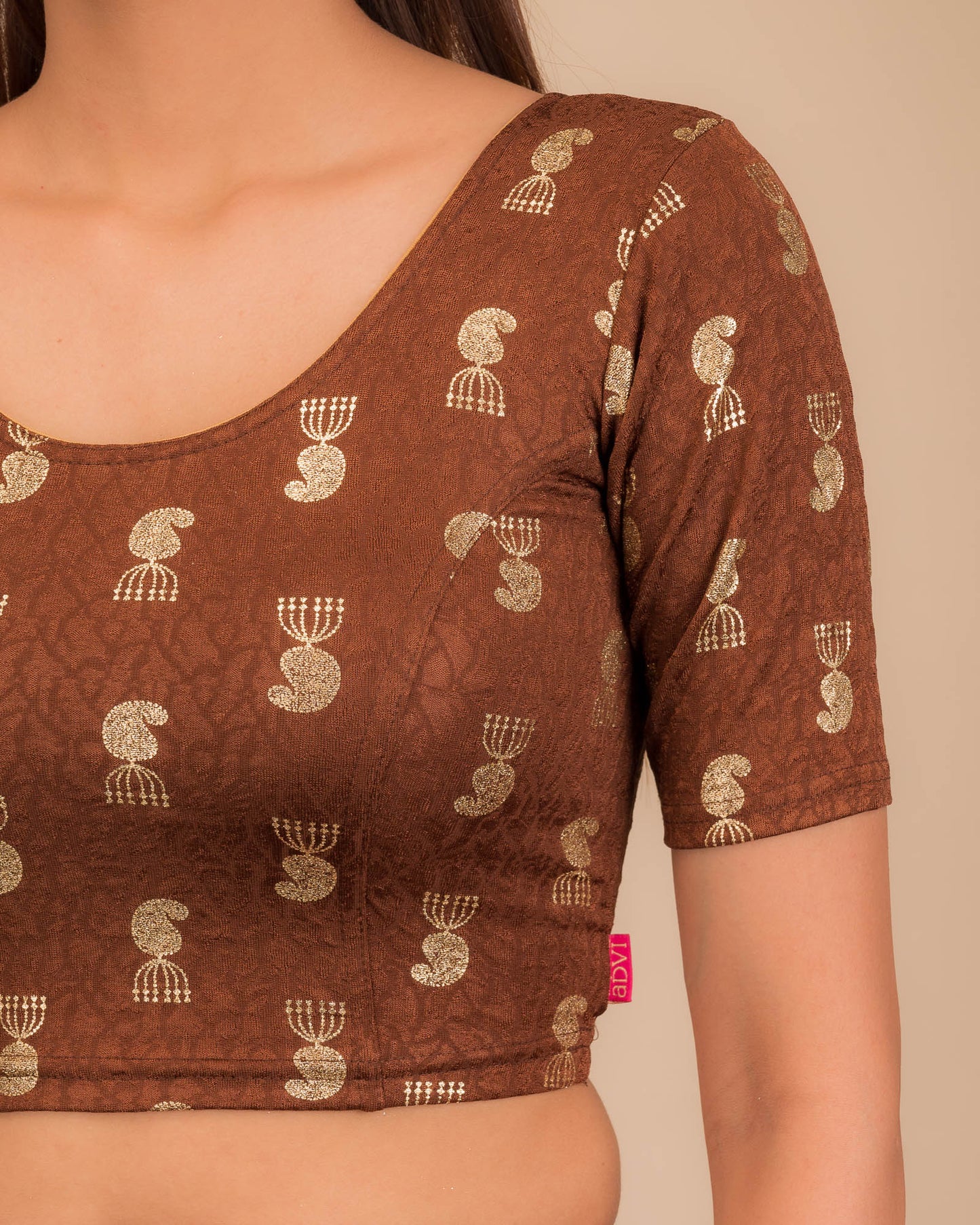 Jhumki Coffee Jacquard Blouse with Gold Foil Jhumki Buti by Advi