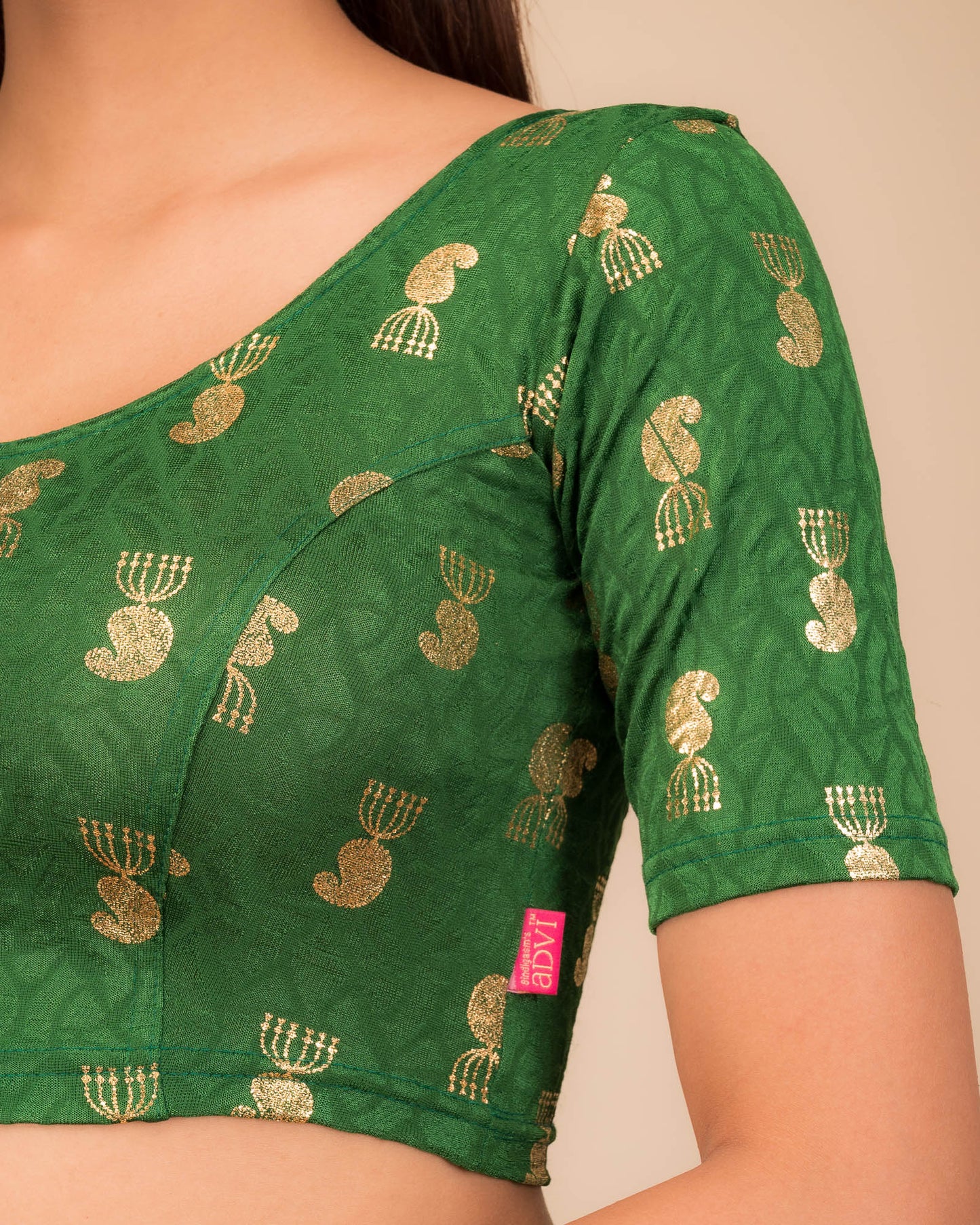 Jhumki Bottle Green Gold Foil Jhumki Buti Jacquard Blouse by Advi