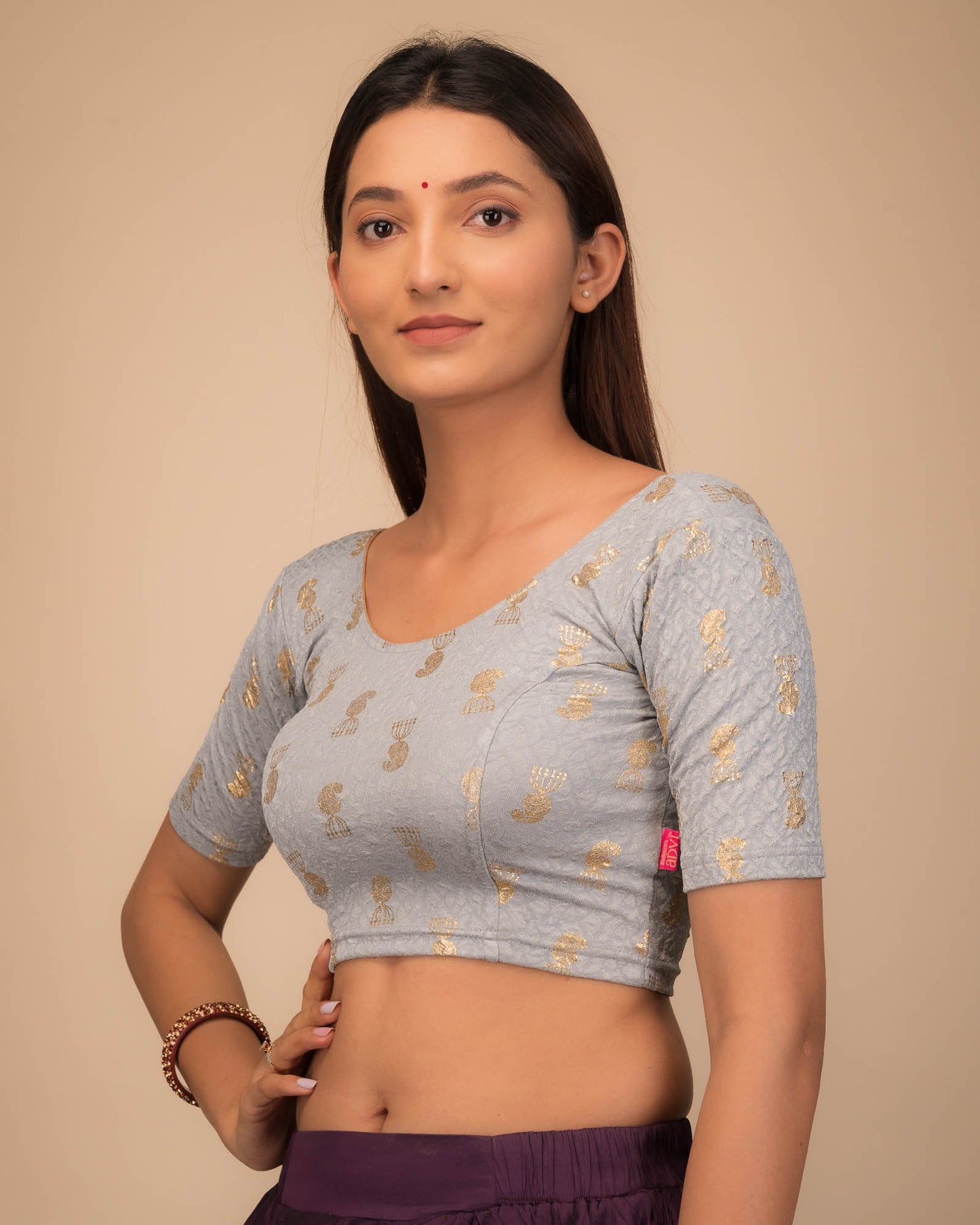 Jhumki Gray Jhumki Foil Print Jacquard Elbow Sleeve Blouse by Advi
