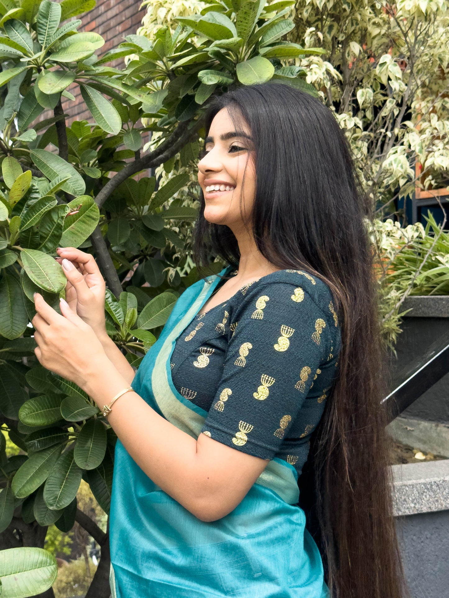 Jhumki Bottle Green Jhumki Gold Foil Print Elbow Sleeve Stretchable Blouse by Advi