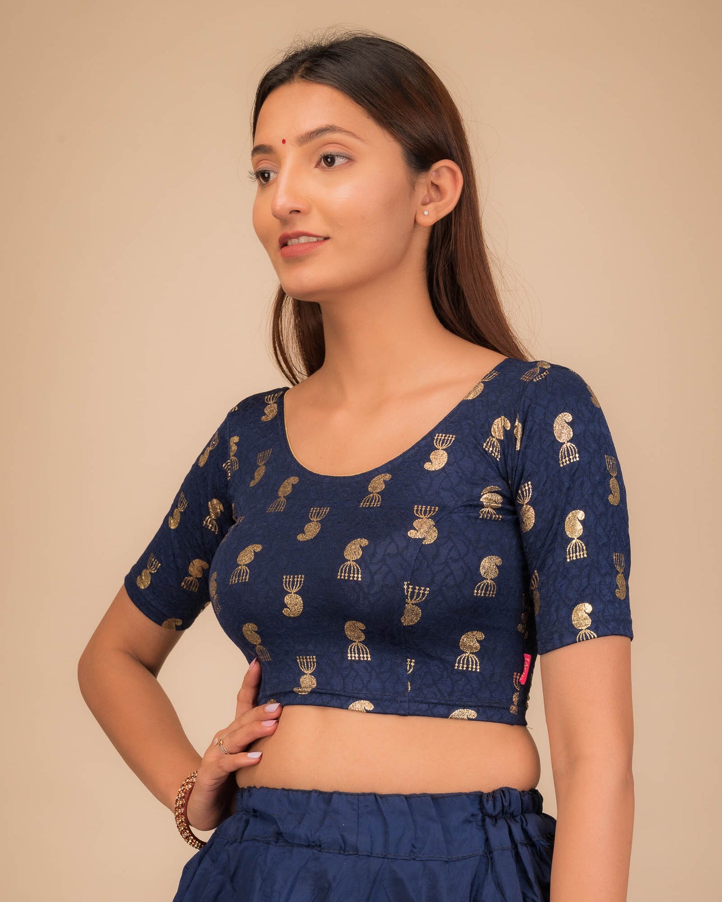 Jhumki Navy Gold Foil Jacquard Blouse with Jhumki Buti by Advi