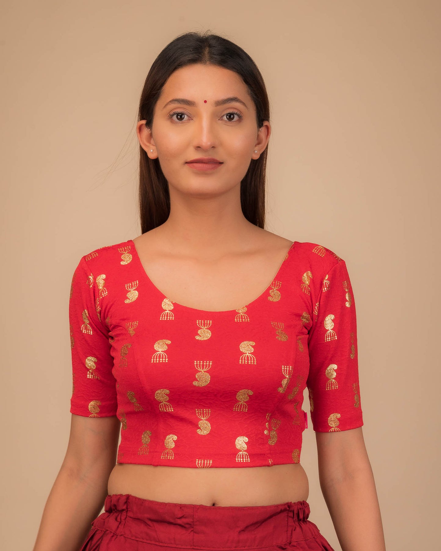 Jhumki Red Jhumki Buti Metallic Print Jacquard Slip On Blouse by Advi