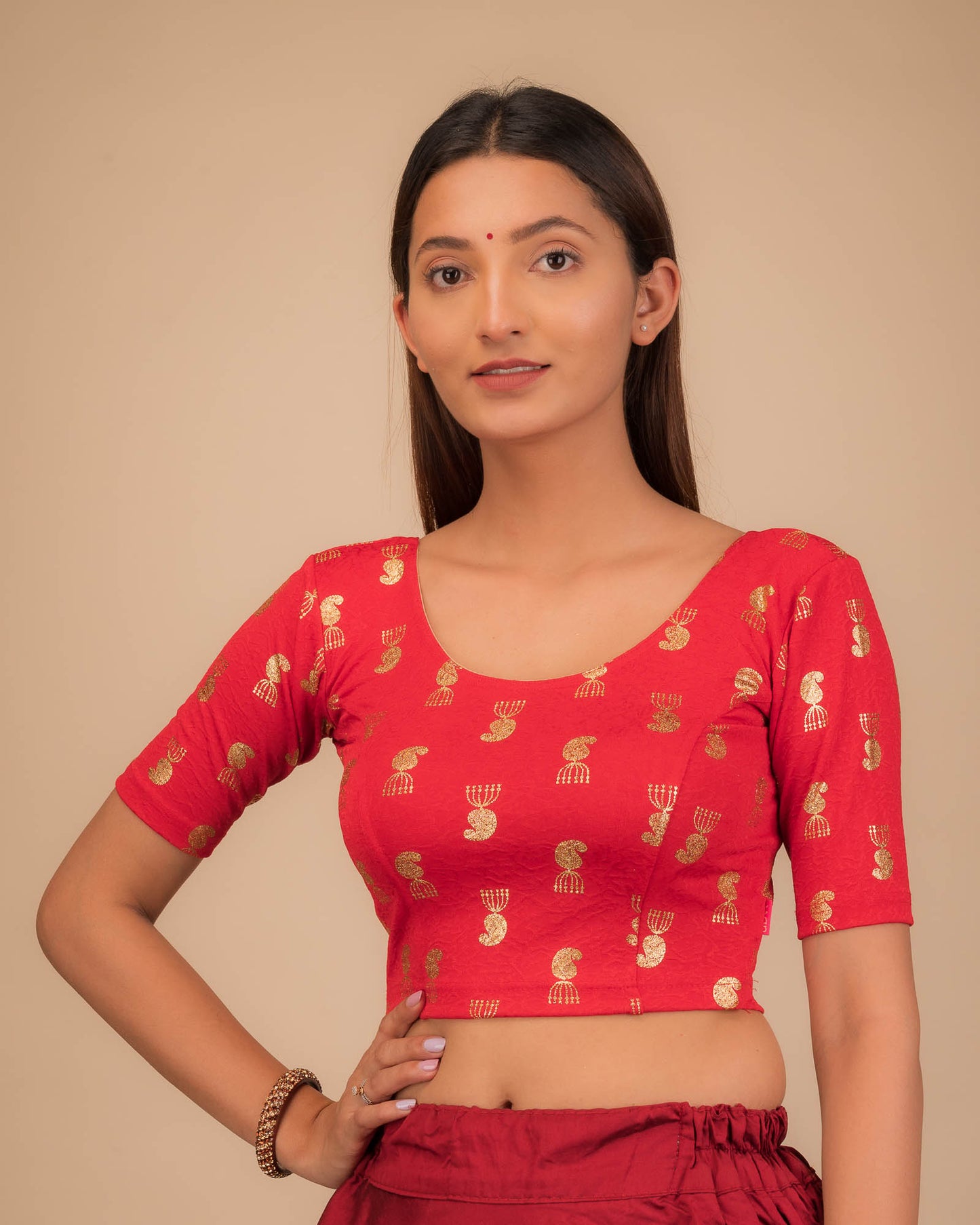 Jhumki Red Jhumki Buti Metallic Print Jacquard Slip On Blouse by Advi