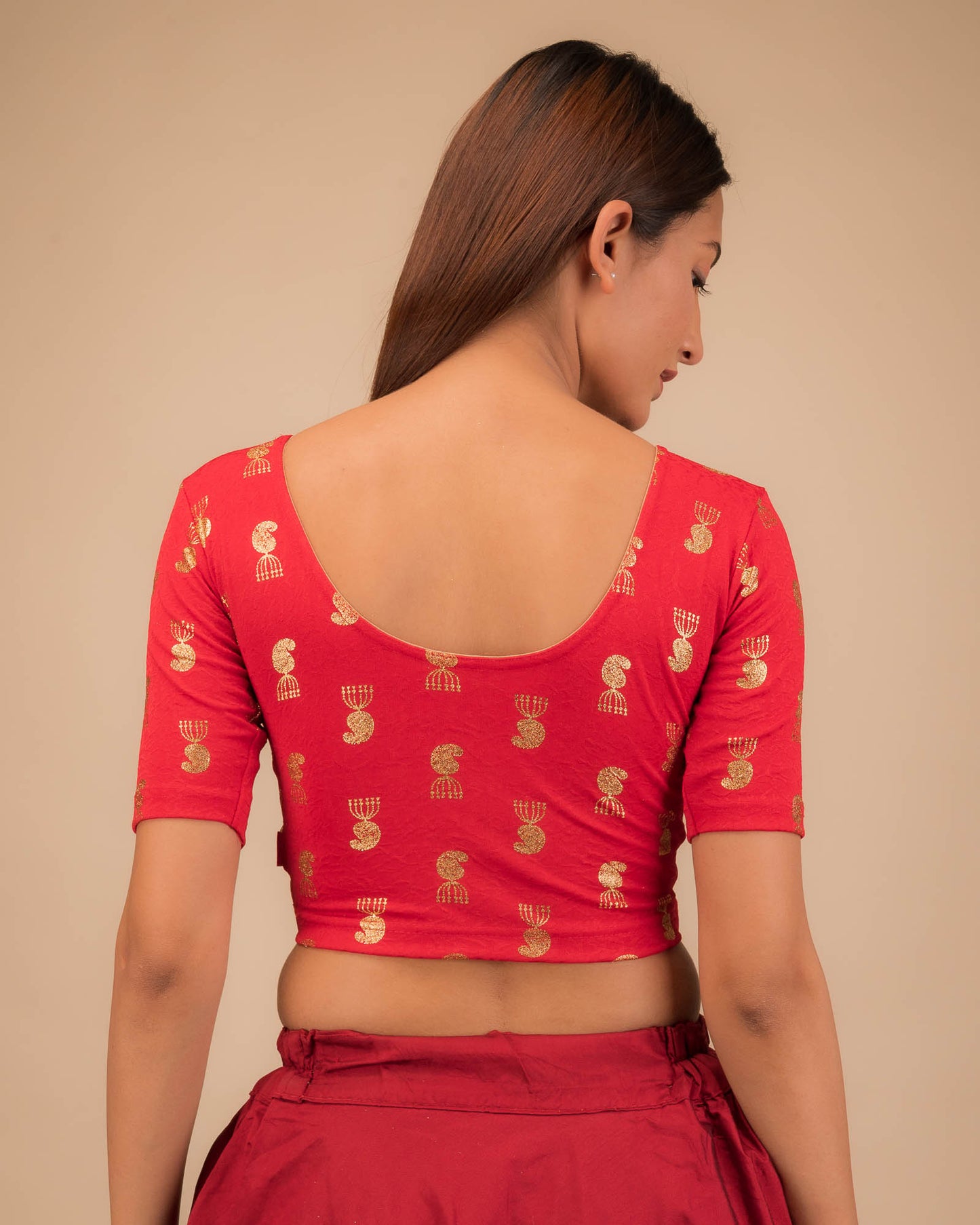 Jhumki Red Jhumki Buti Metallic Print Jacquard Slip On Blouse by Advi