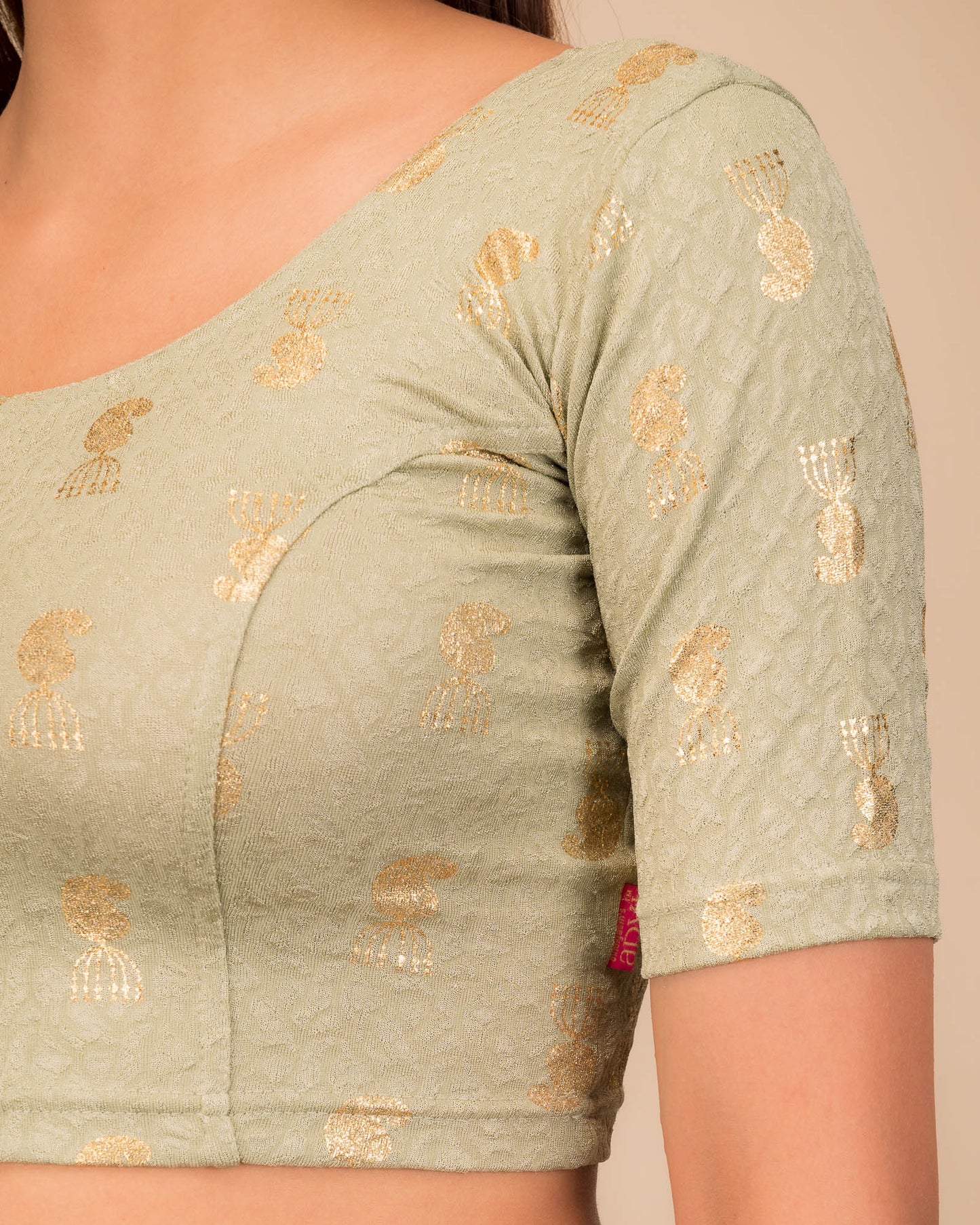 Jhumki Sand Gold Foil Buti Jacquard Elbow Sleeve Stretchable Blouse by Advi