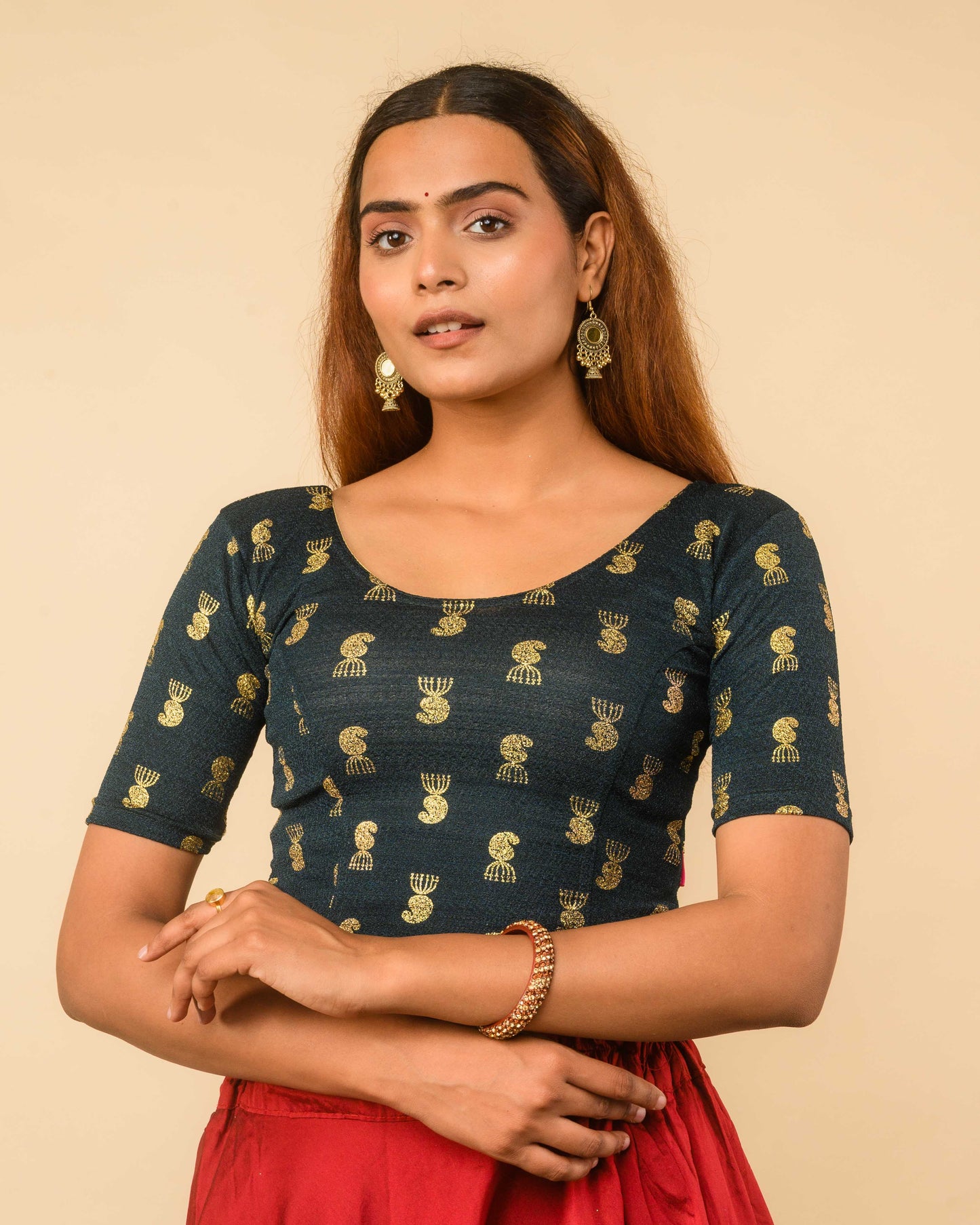 Jhumki Bottle Green Jhumki Gold Foil Print Elbow Sleeve Stretchable Blouse by Advi