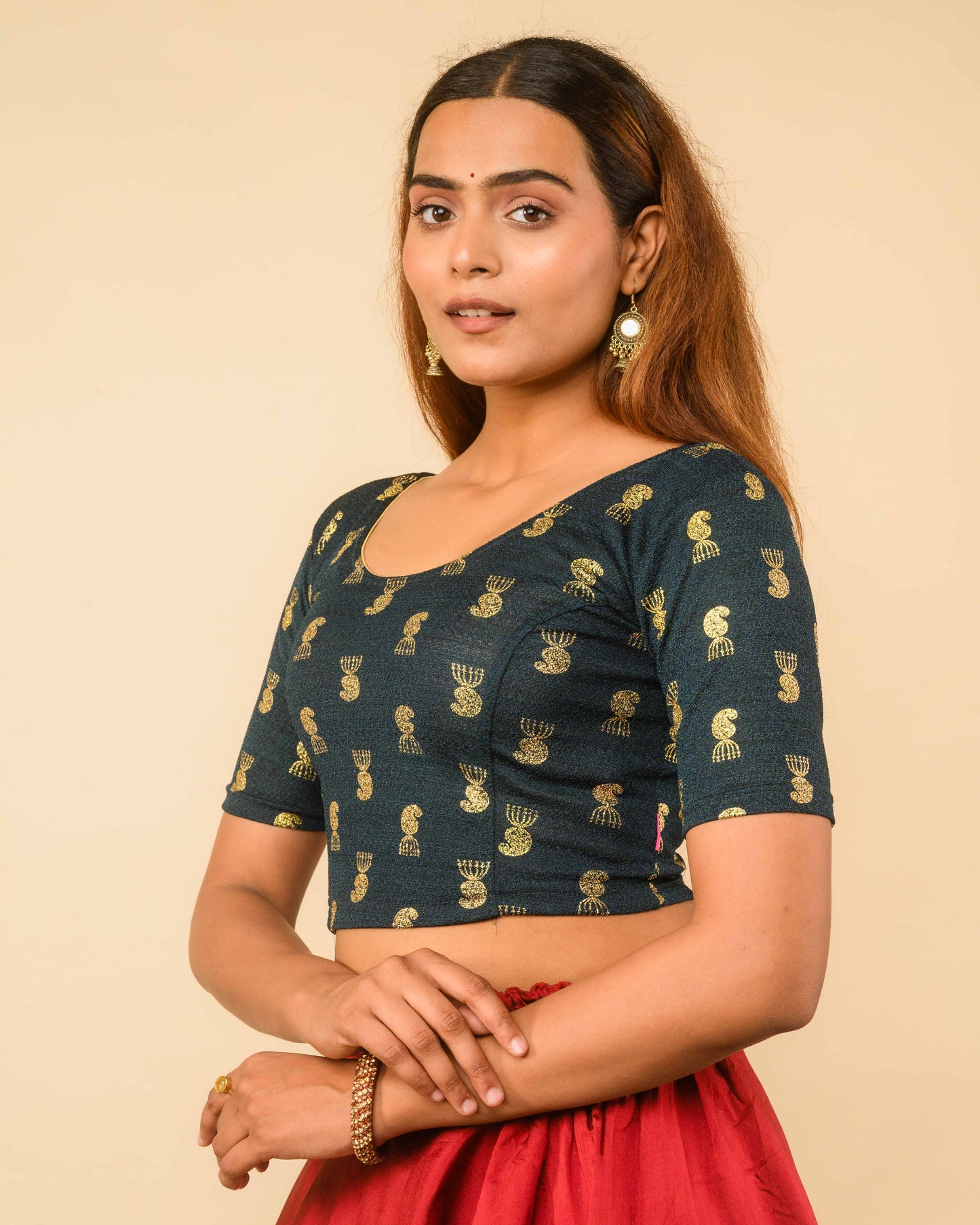 Jhumki Bottle Green Jhumki Gold Foil Print Elbow Sleeve Stretchable Blouse by Advi