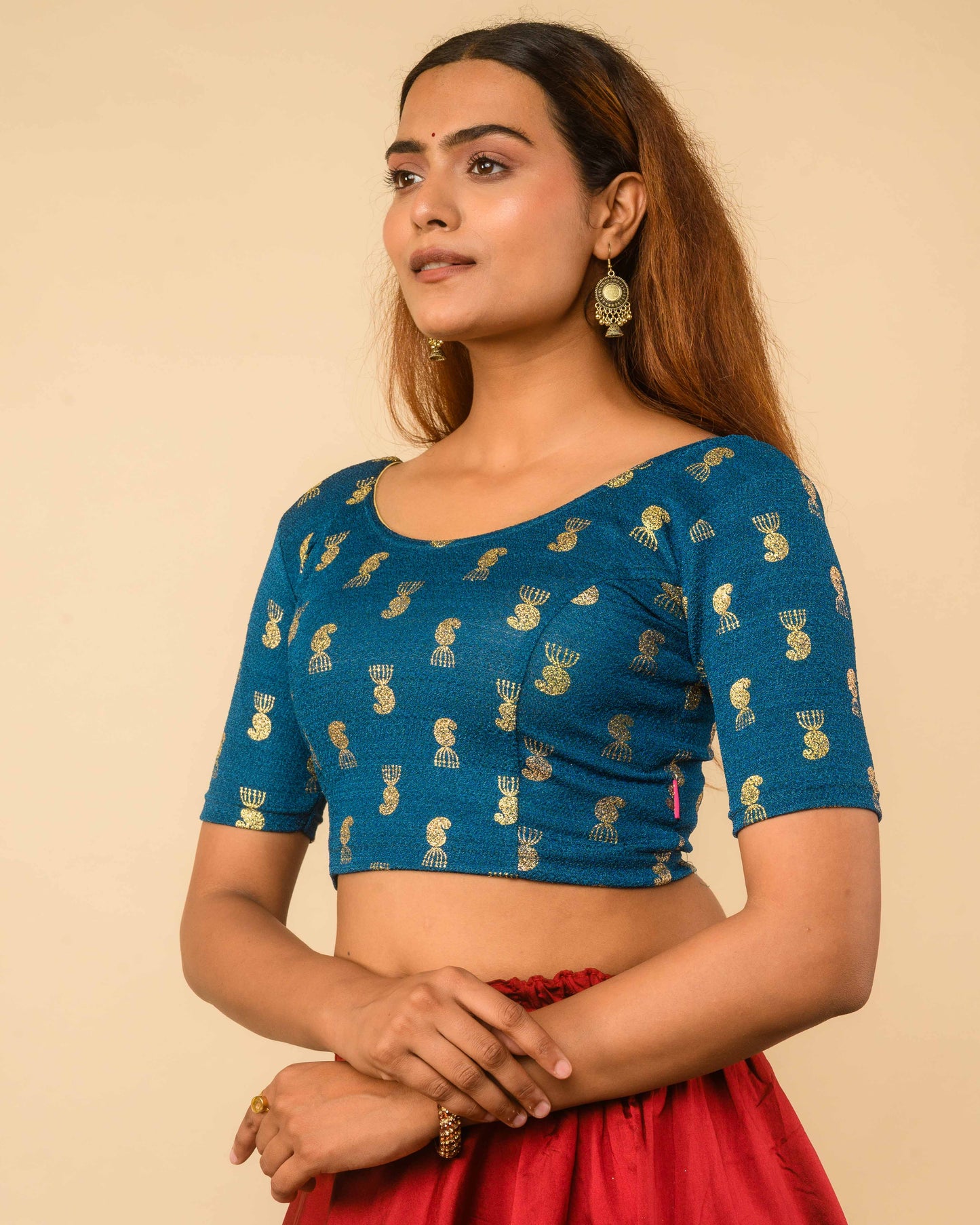Jhumki Peacock Green Jhumki Gold Foil Print Elbow Sleeve Stretchable Blouse by Advi