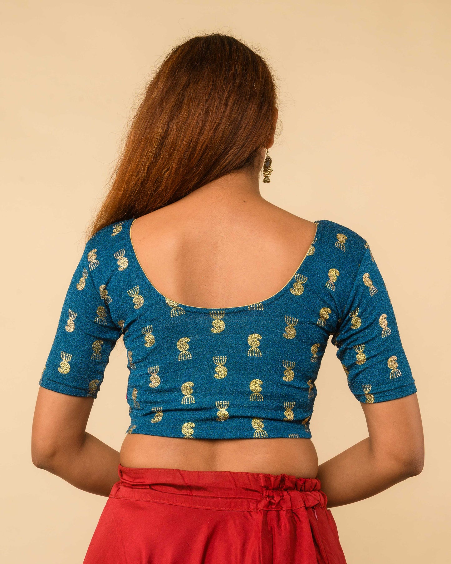 Jhumki Peacock Green Jhumki Gold Foil Print Elbow Sleeve Stretchable Blouse by Advi