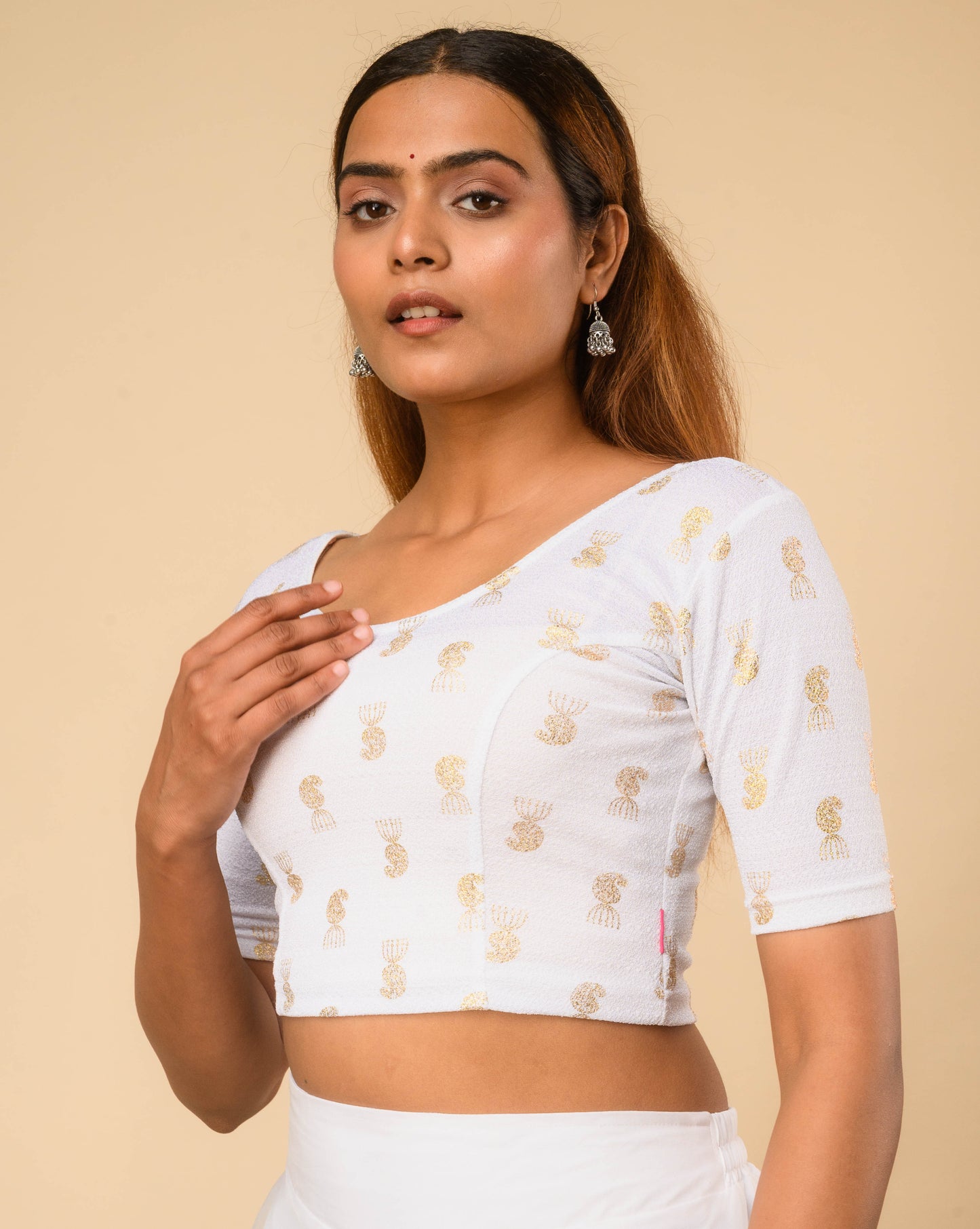 Jhumki White Jhumki Gold Foil Print Elbow Sleeve Stretchable Blouse by Advi