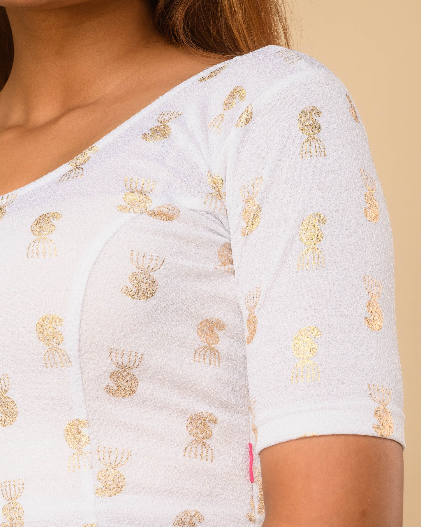 Jhumki White Jhumki Gold Foil Print Elbow Sleeve Stretchable Blouse by Advi