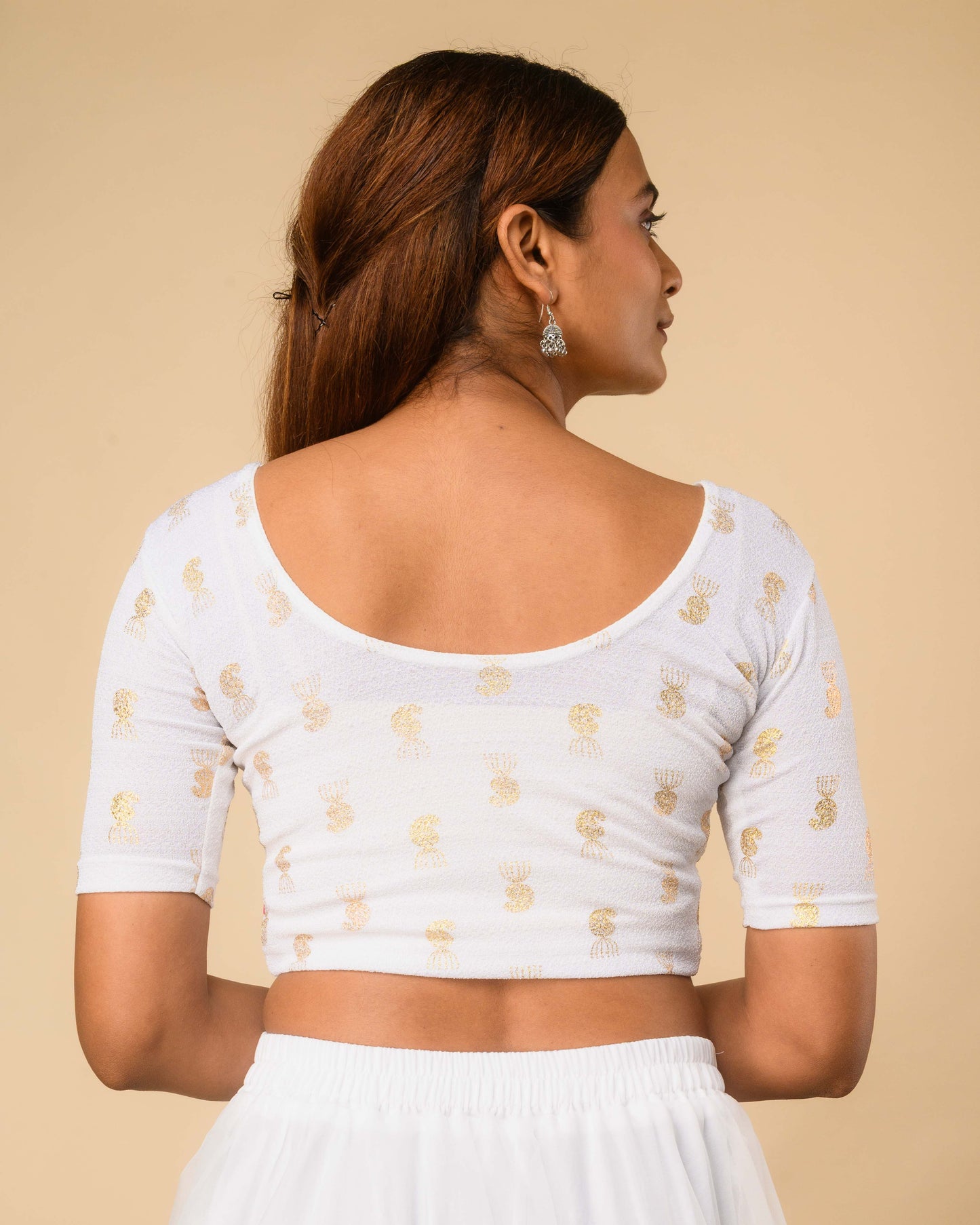 Jhumki White Jhumki Gold Foil Print Elbow Sleeve Stretchable Blouse by Advi